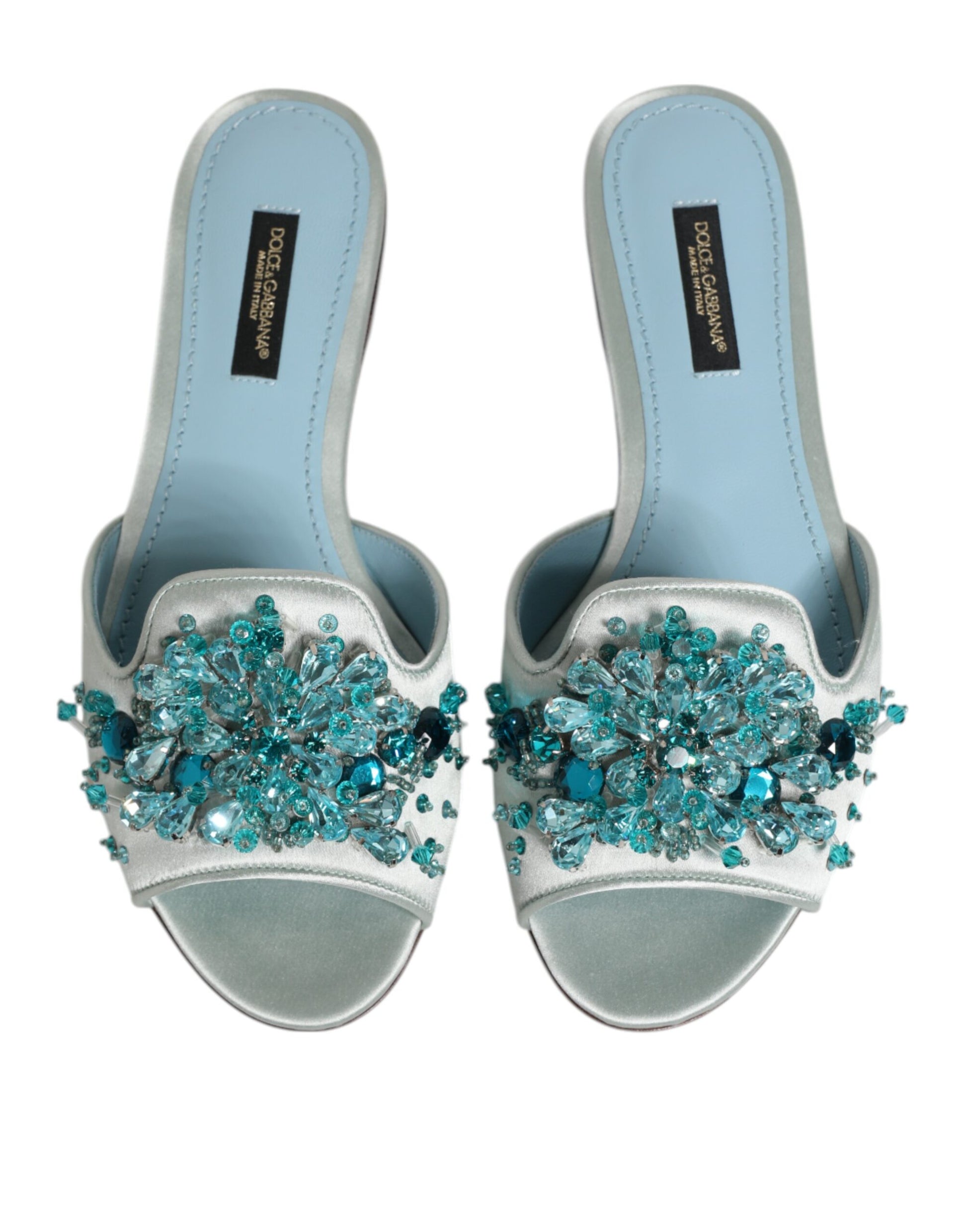 Silver Blue Leather Bead Embellish Slide Shoes
