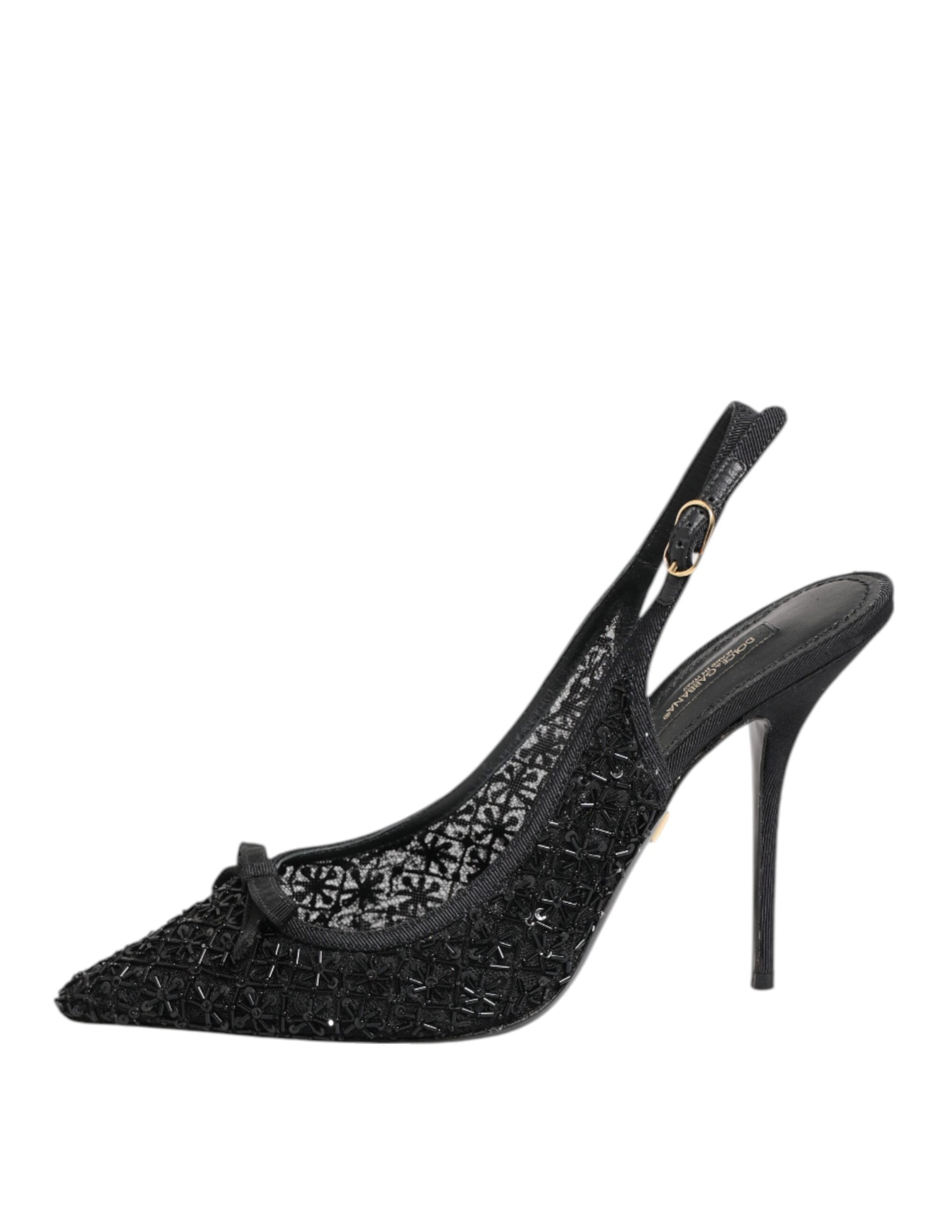 Black Tulle Ricamo Heels Slingbacks Shoes