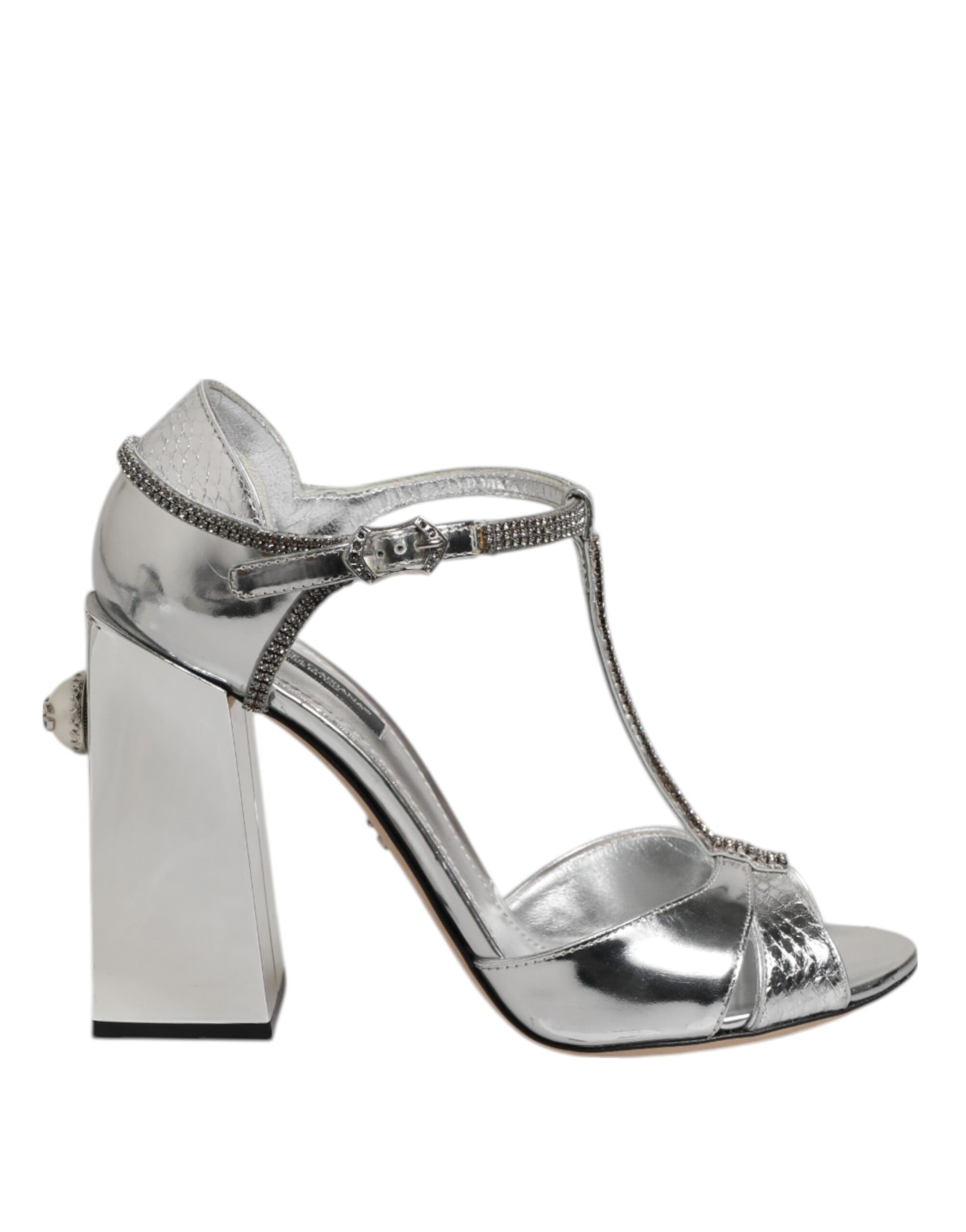 Silver Leather T-strap Heels Sandals Shoes