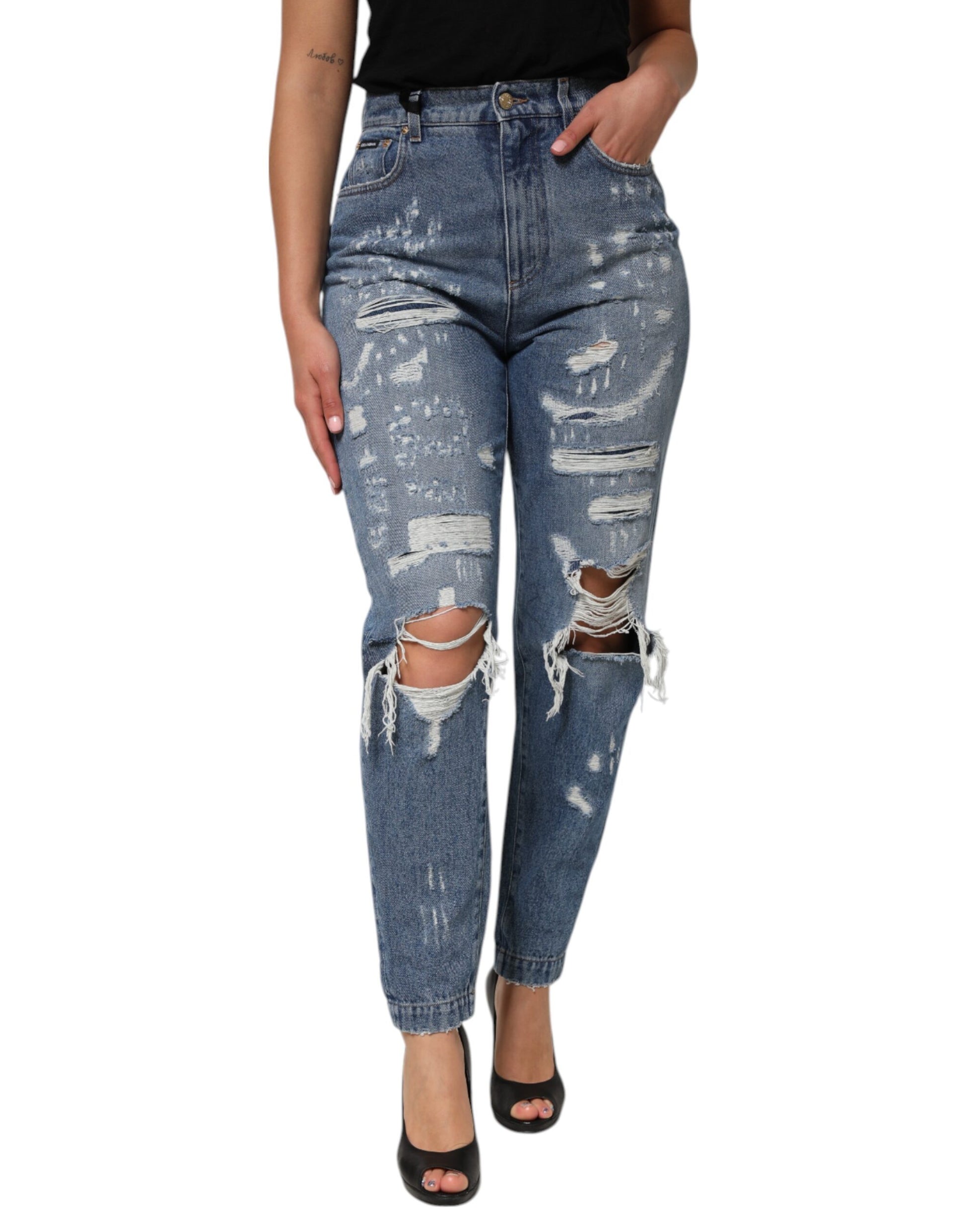 Blue Tattered High Waist Women Denim Jeans