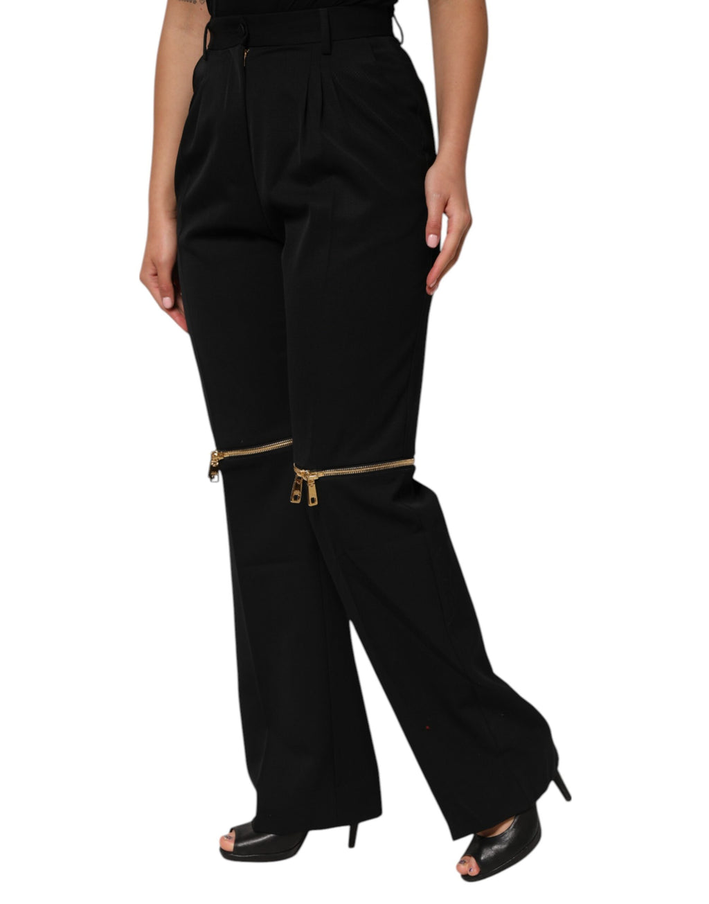 Black Zip Detailed Wool Straight Leg Pants