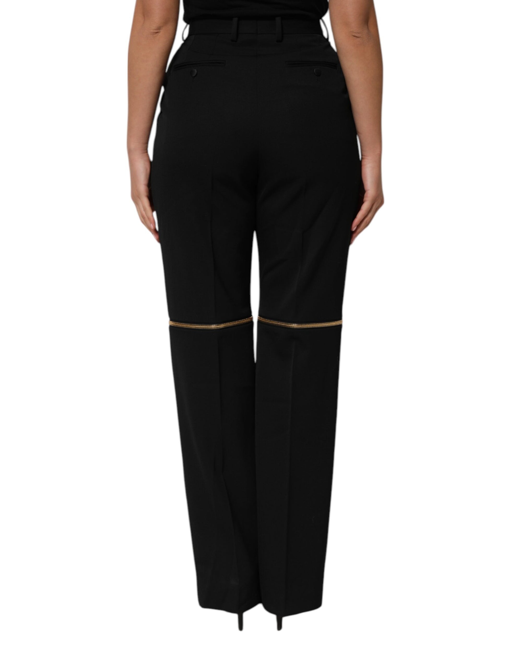 Black Zip Detailed Wool Straight Leg Pants