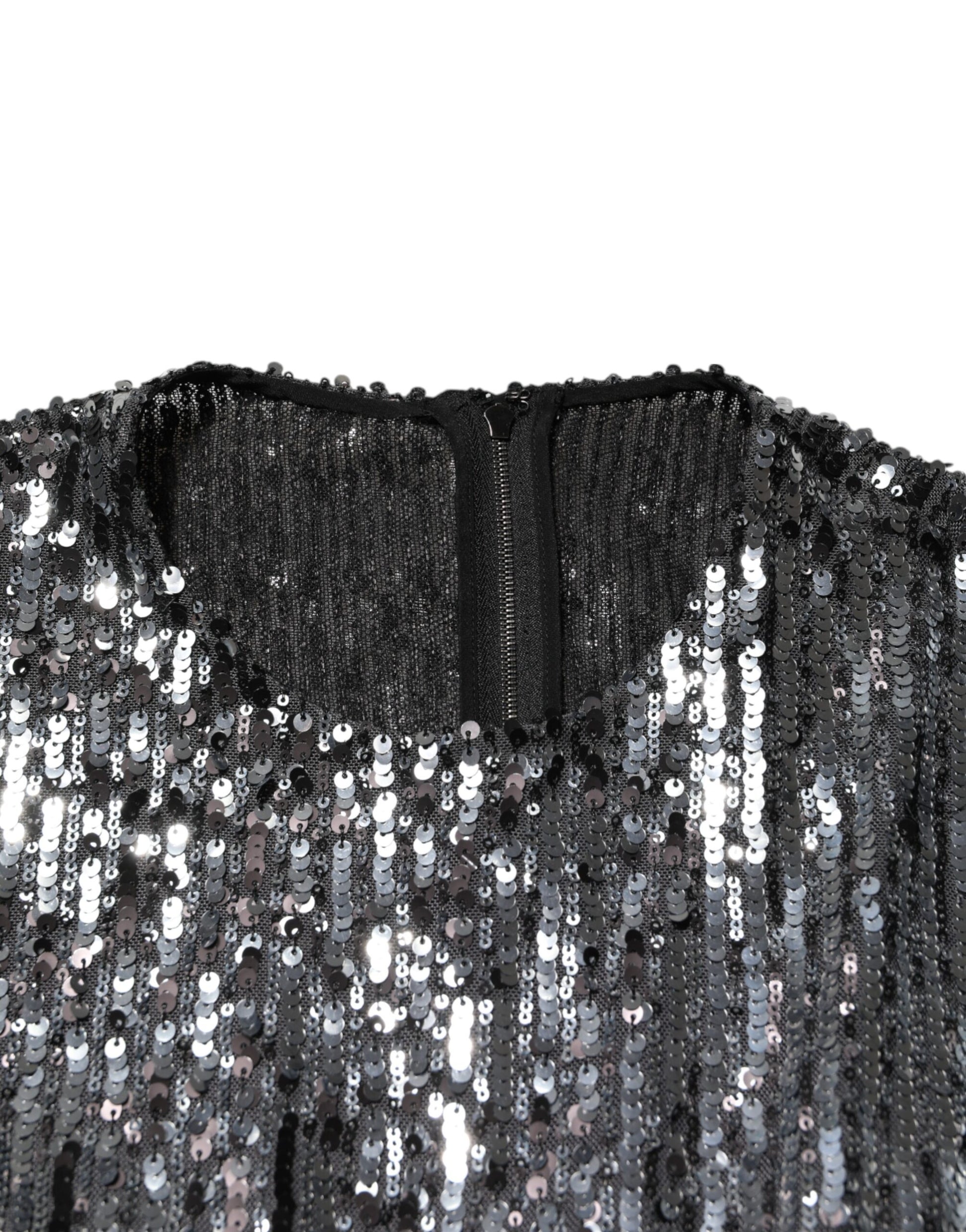 Black Sequined Long Sleeves Midi A-line  Dress