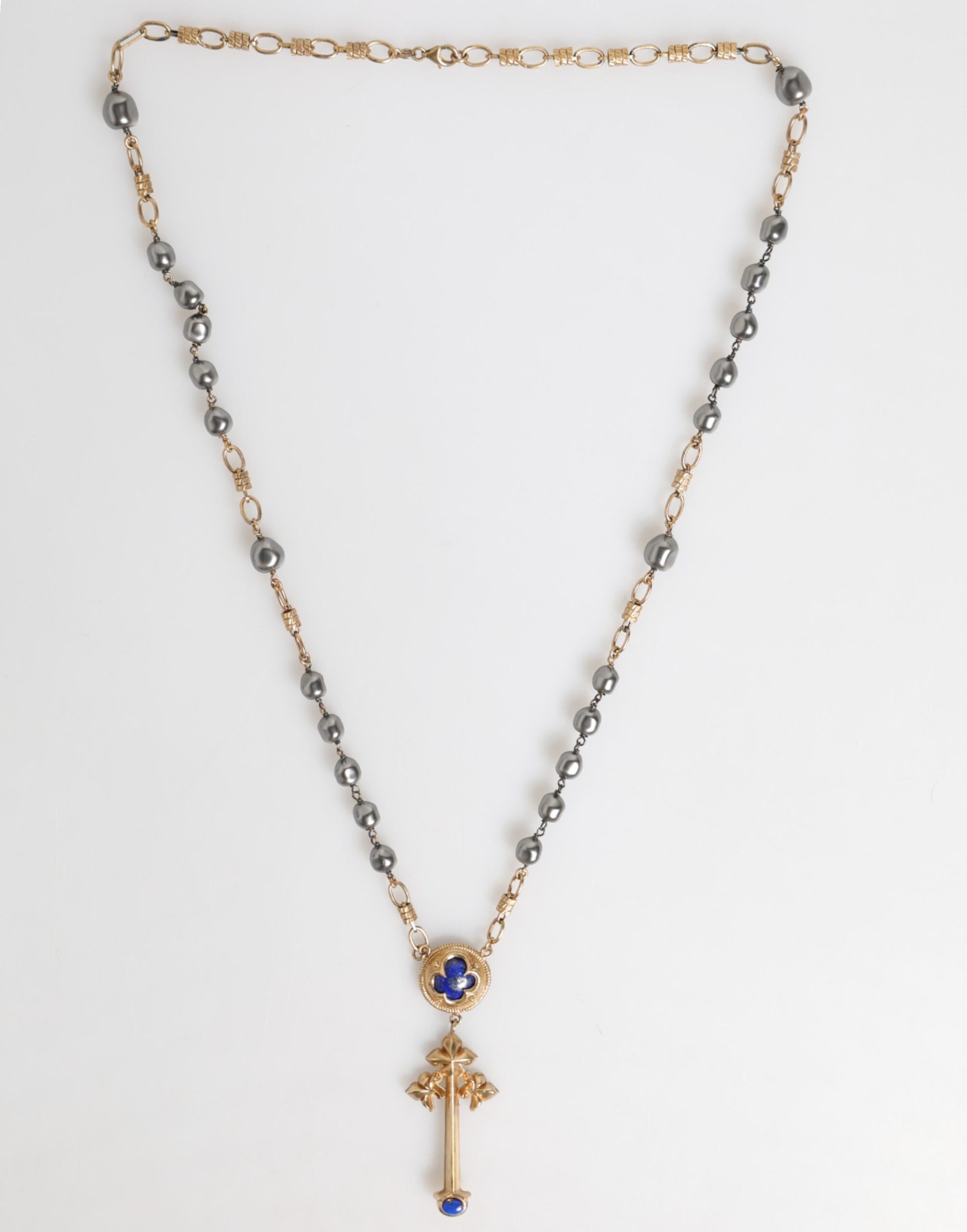 Gold Tone Beaded Chain Religious Cross Necklace