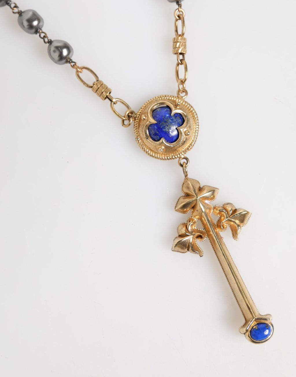 Gold Tone Beaded Chain Religious Cross Necklace