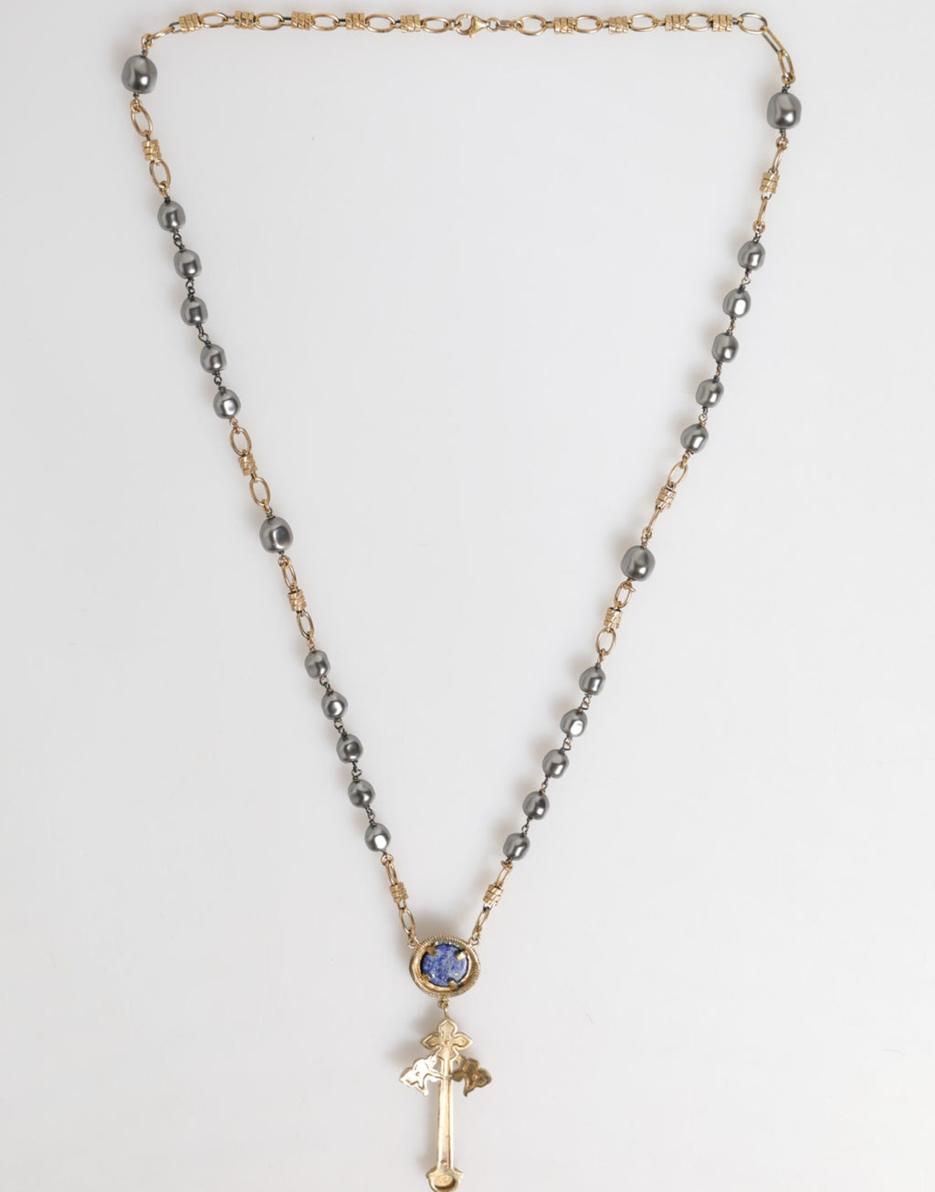 Gold Tone Beaded Chain Religious Cross Necklace