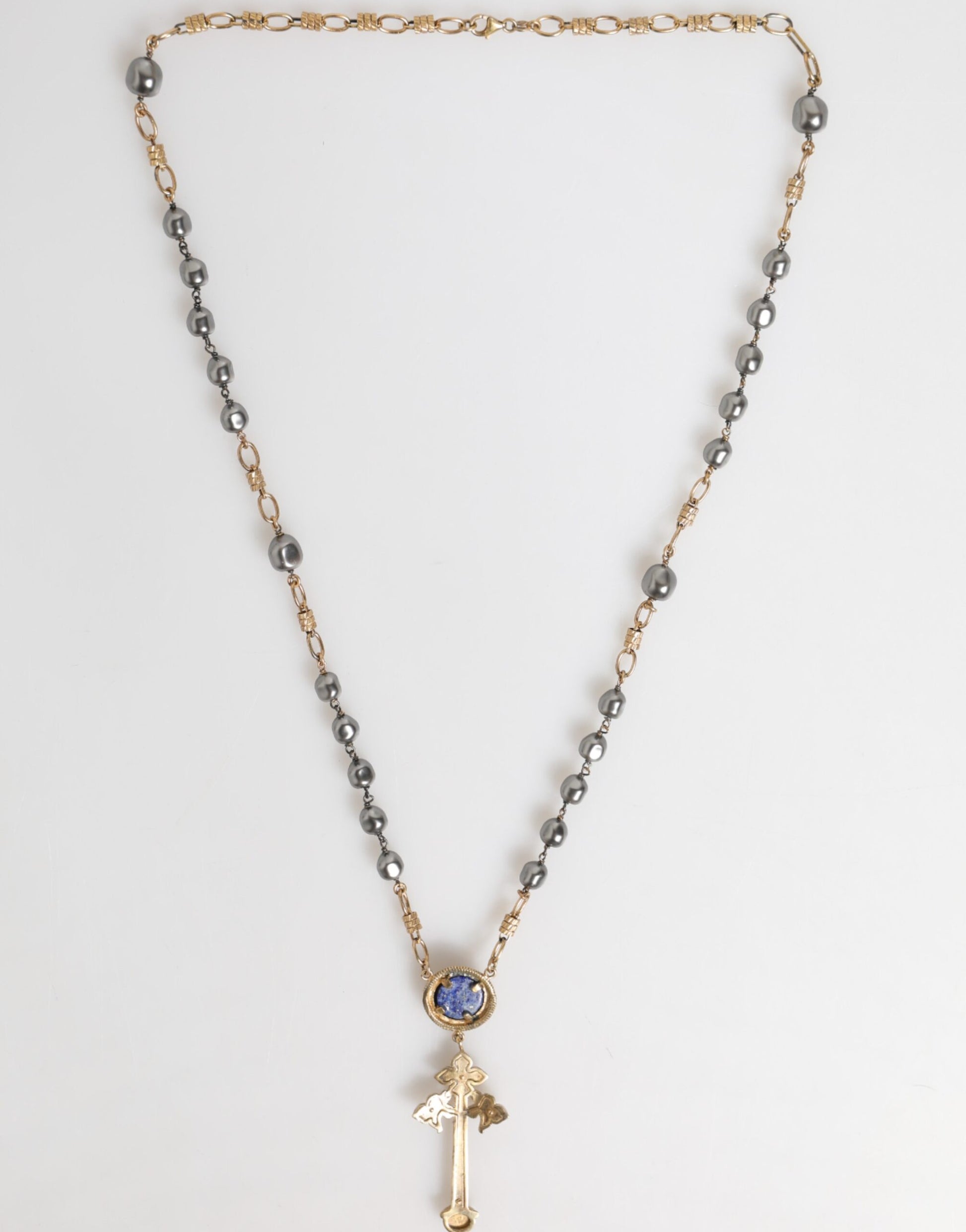 Gold Tone Beaded Chain Religious Cross Necklace