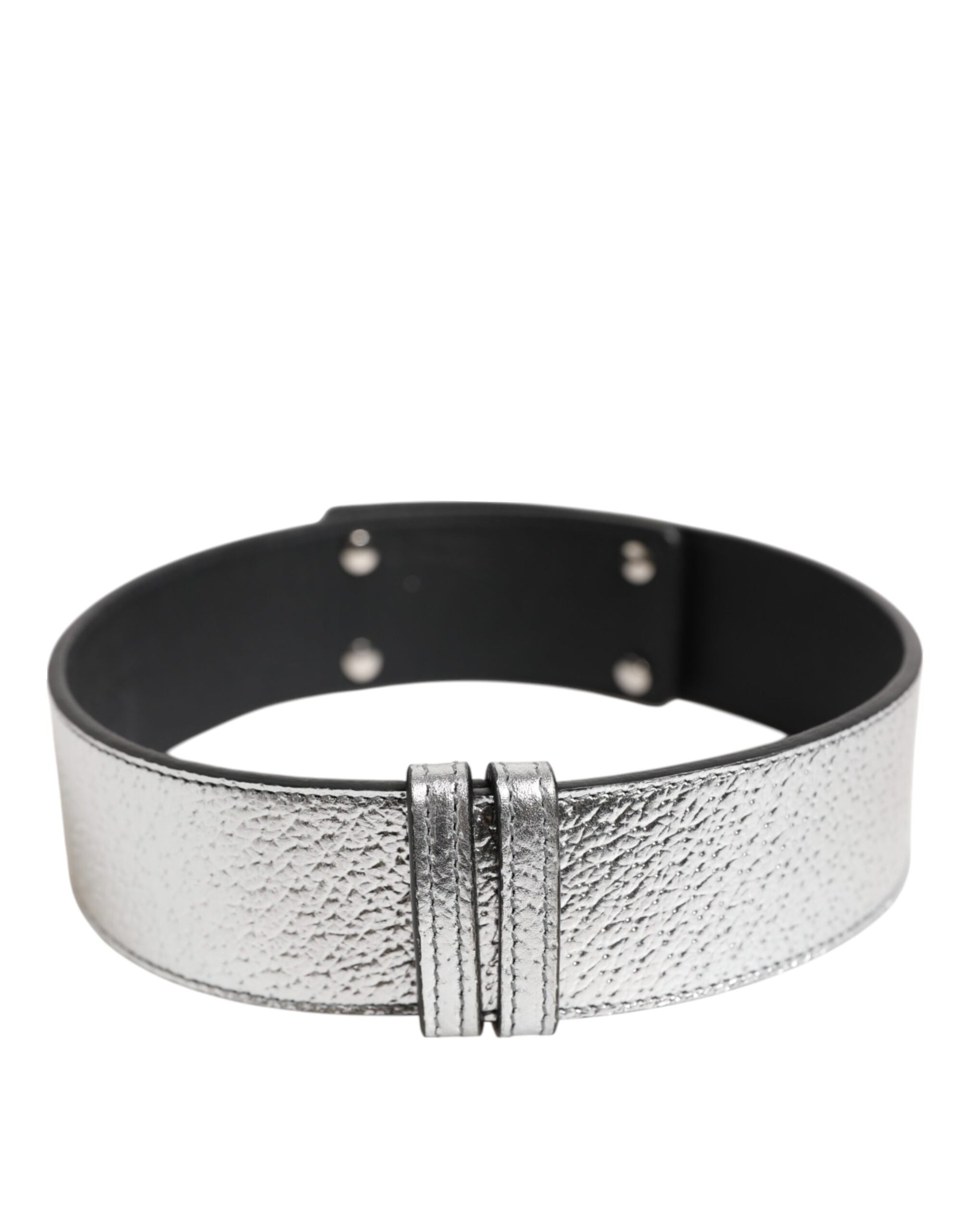 Silver Textured Leather Gold Tone Metal Neckband