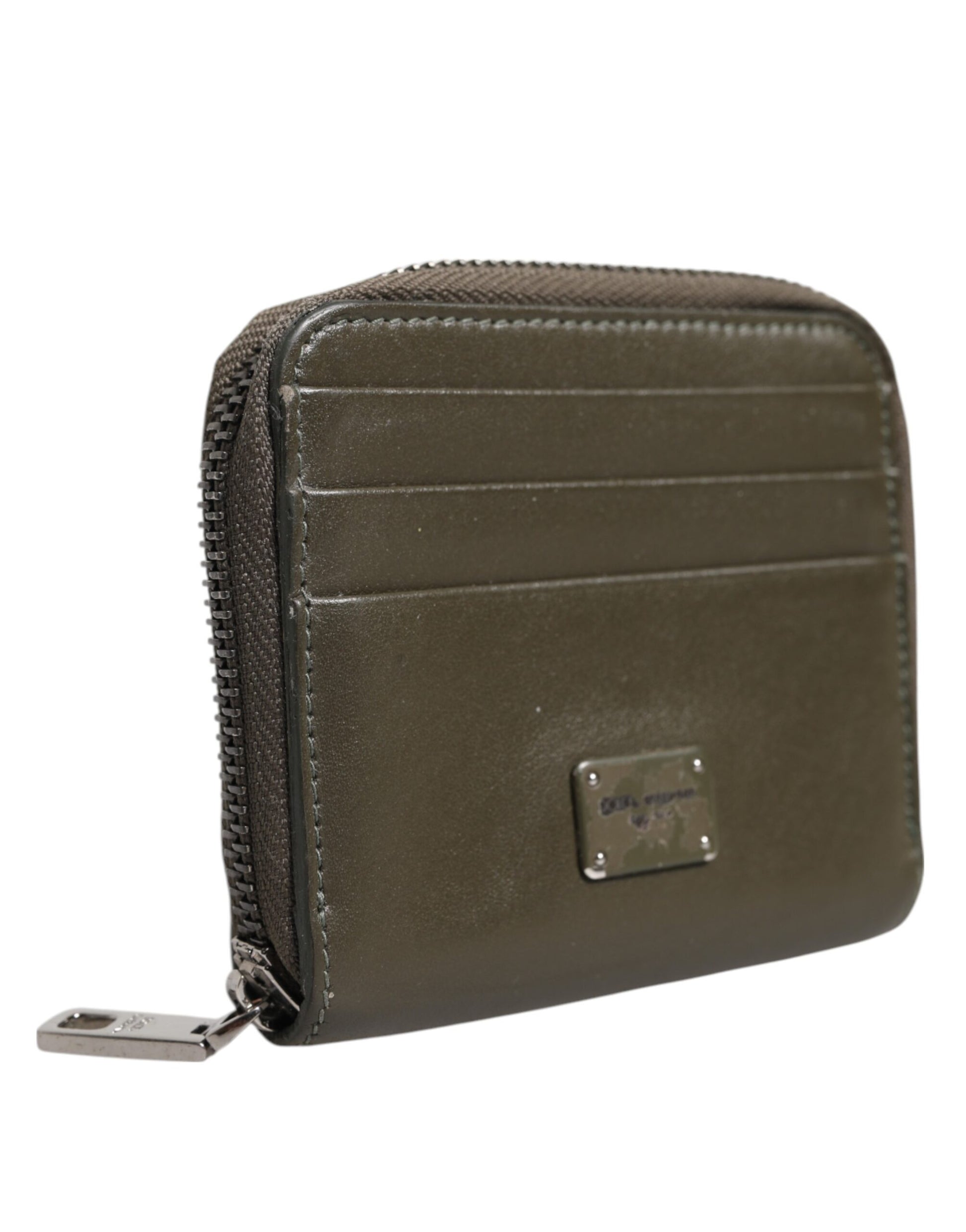 Brown Leather Logo Plaque Card Holder Coin Purse Wallet