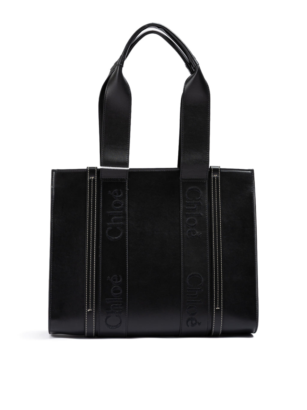 Black Woody Embroidered Logo Leather Medium Tote Bag