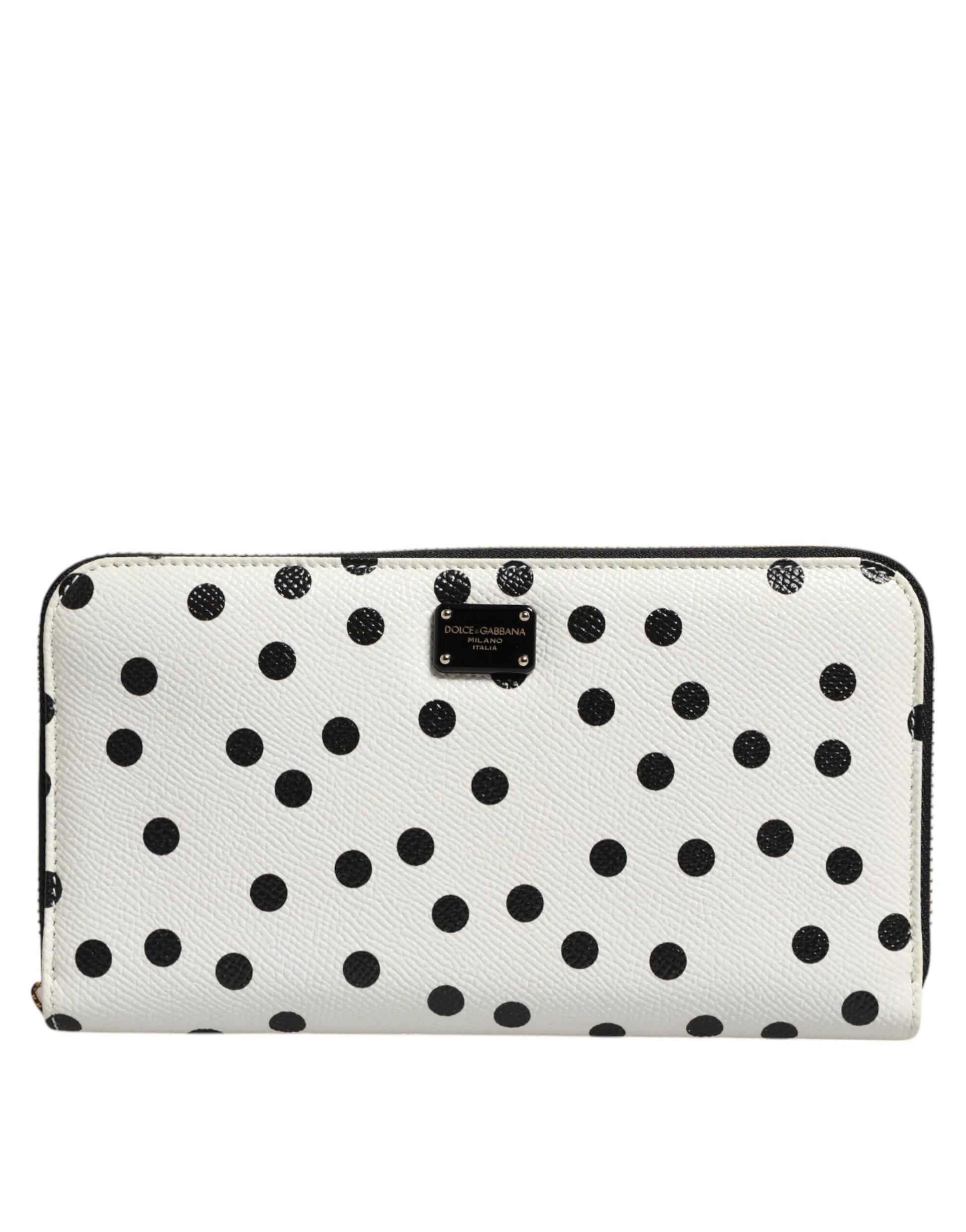 White Black Dotted Leather Zip Around Continental Wallet