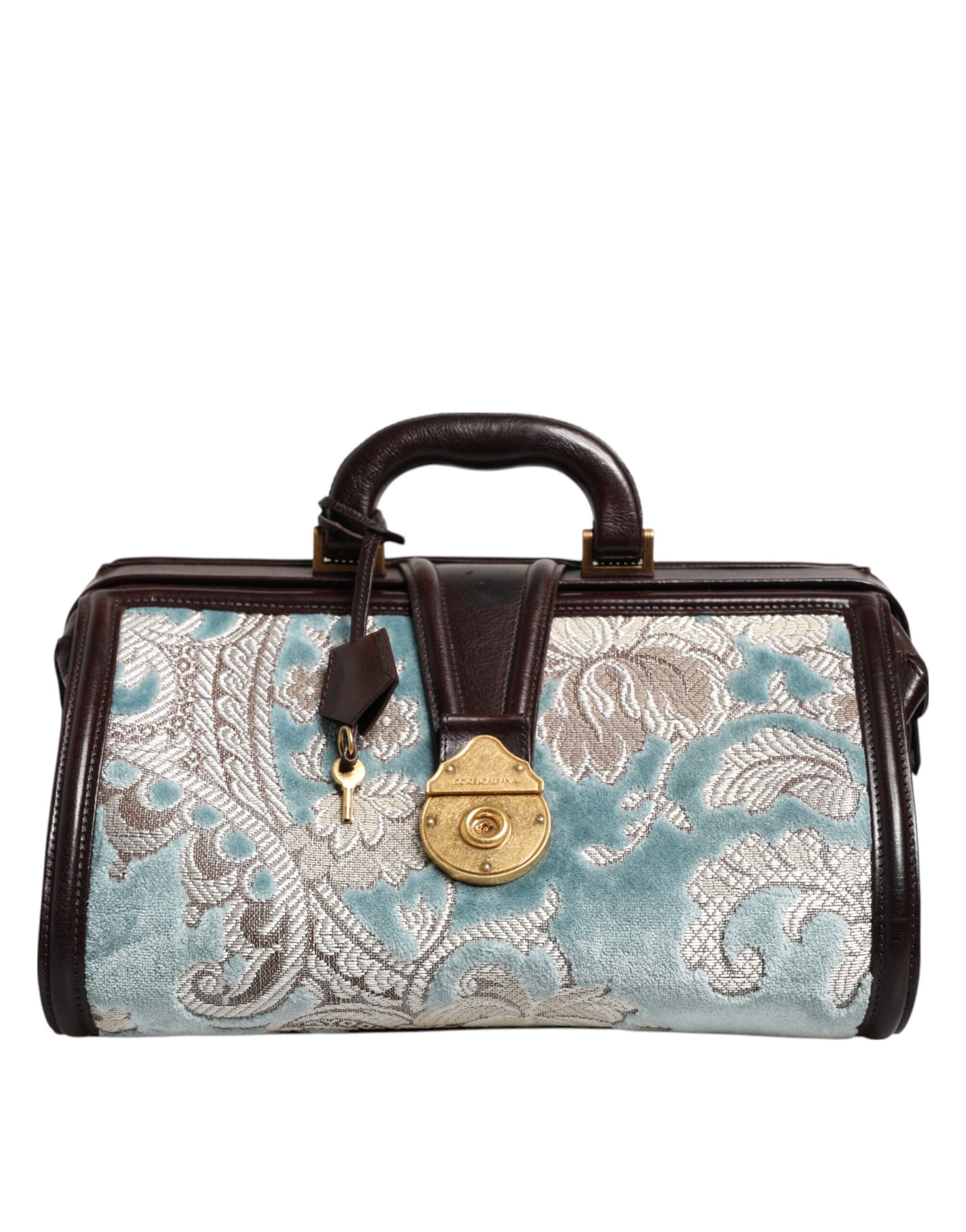 Blue Brown Leather Floral Jacquard Travel Handbag Bag