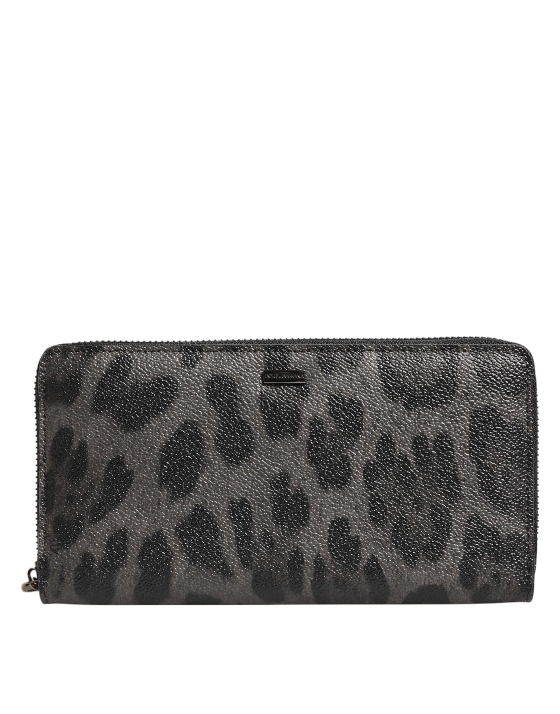 Black Gray Leopard Leather Zip Around Continental Wallet