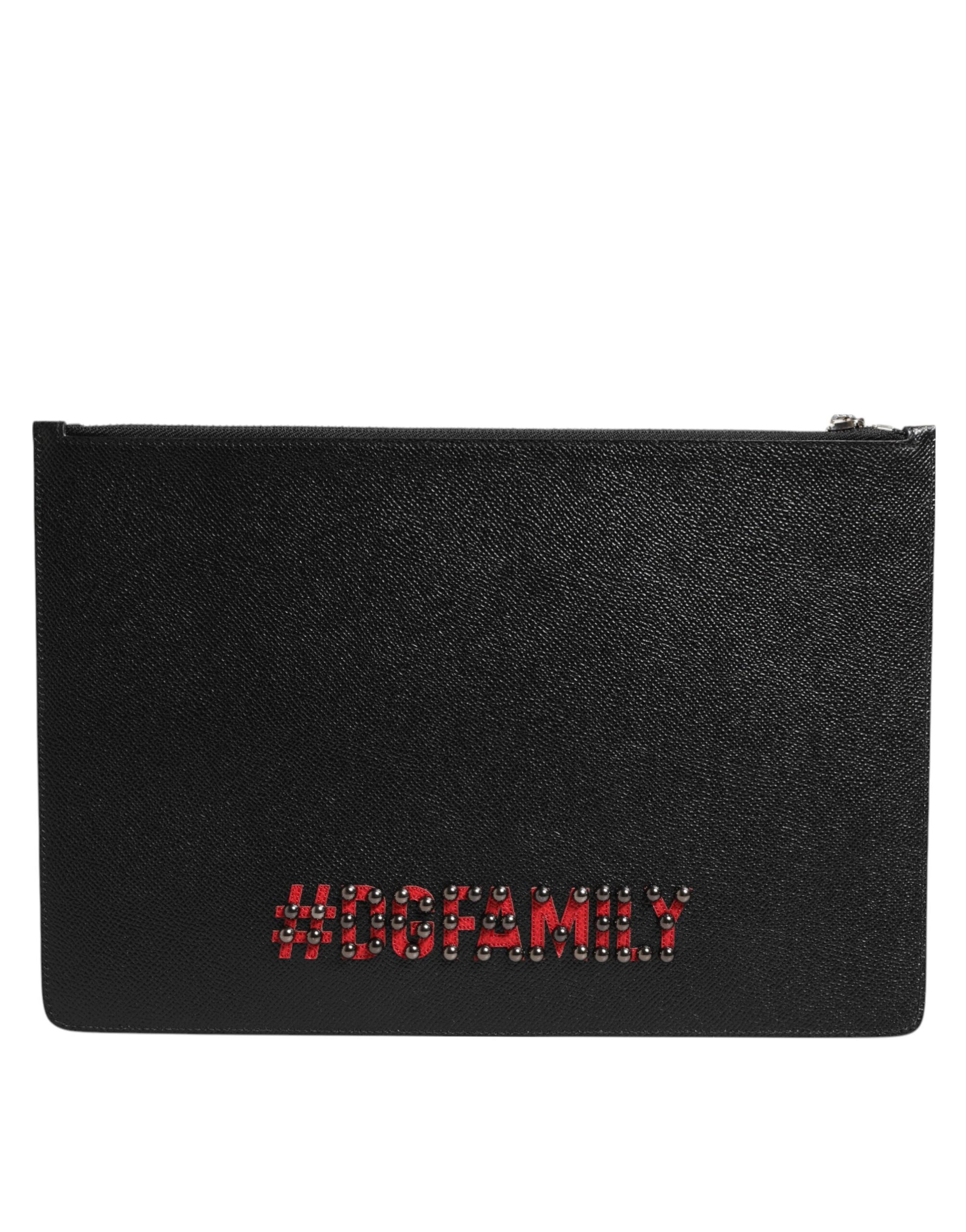 Black Leather #DGFAMILY Embellished Men Clutch Pouch Bag