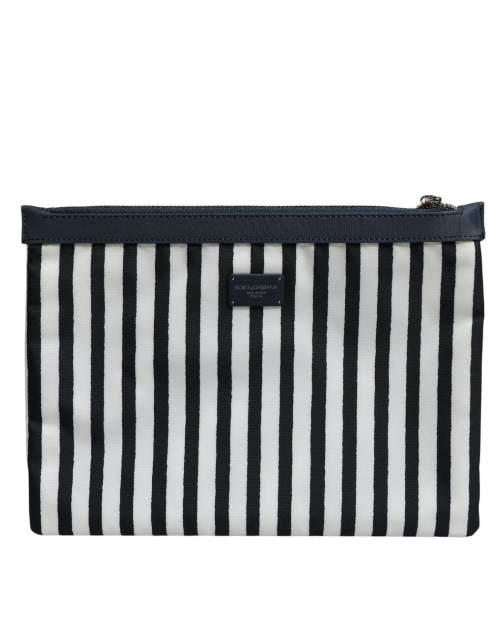 Black White Striped Logo Plaque Clutch Pouch Bag