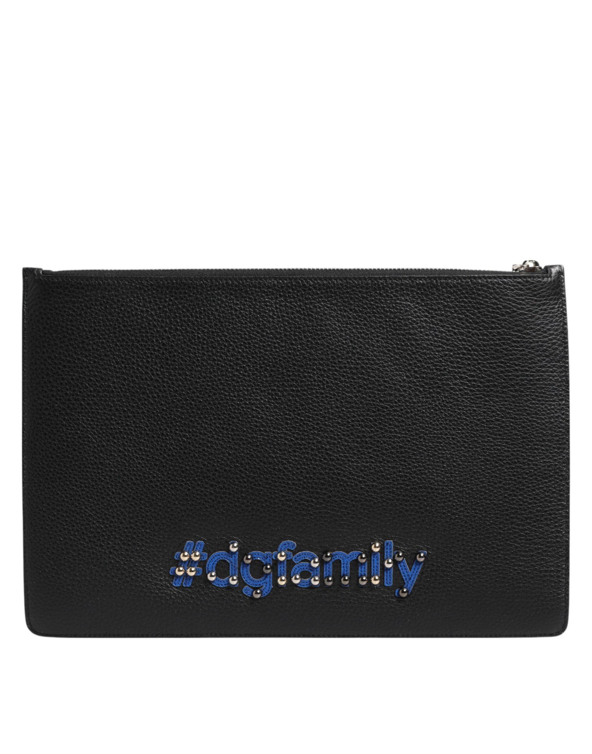 Black Leather #DGFAMILY Embellished Men Clutch Pouch Bag