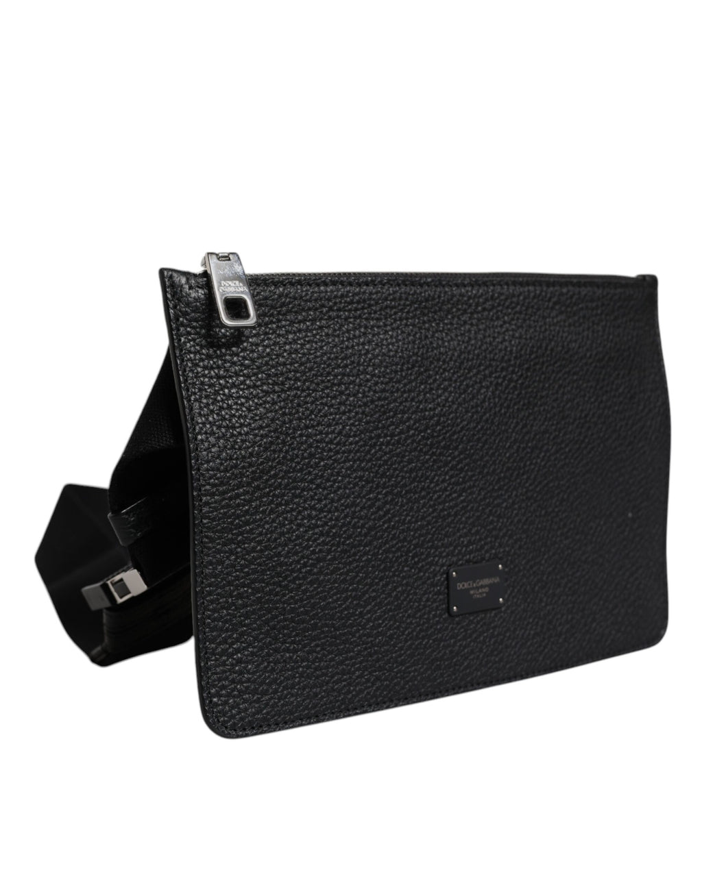 Black Leather Logo Embossed Waist Fanny Pack Borse Bag