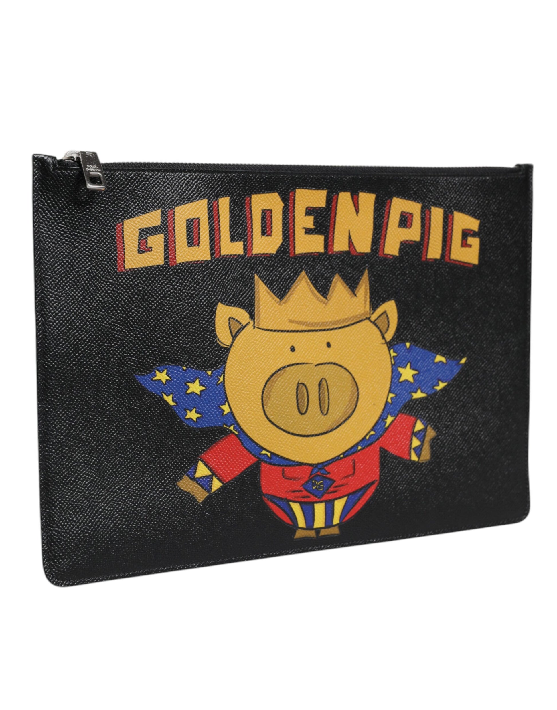Black Leather Golden Pig Print Men Clutch Pouch Borse Bag