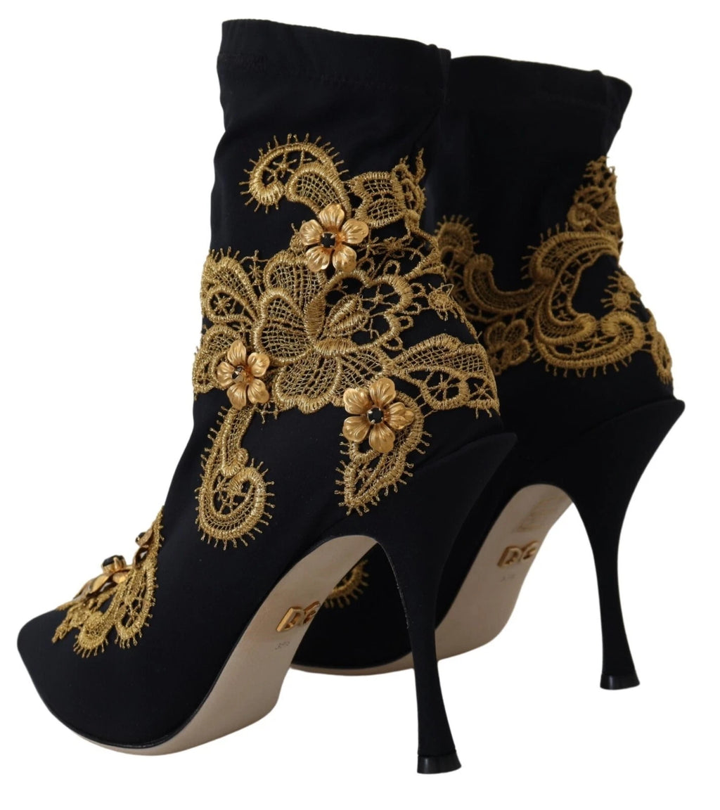 Black Gold Embroidery Crystal Boots Shoes