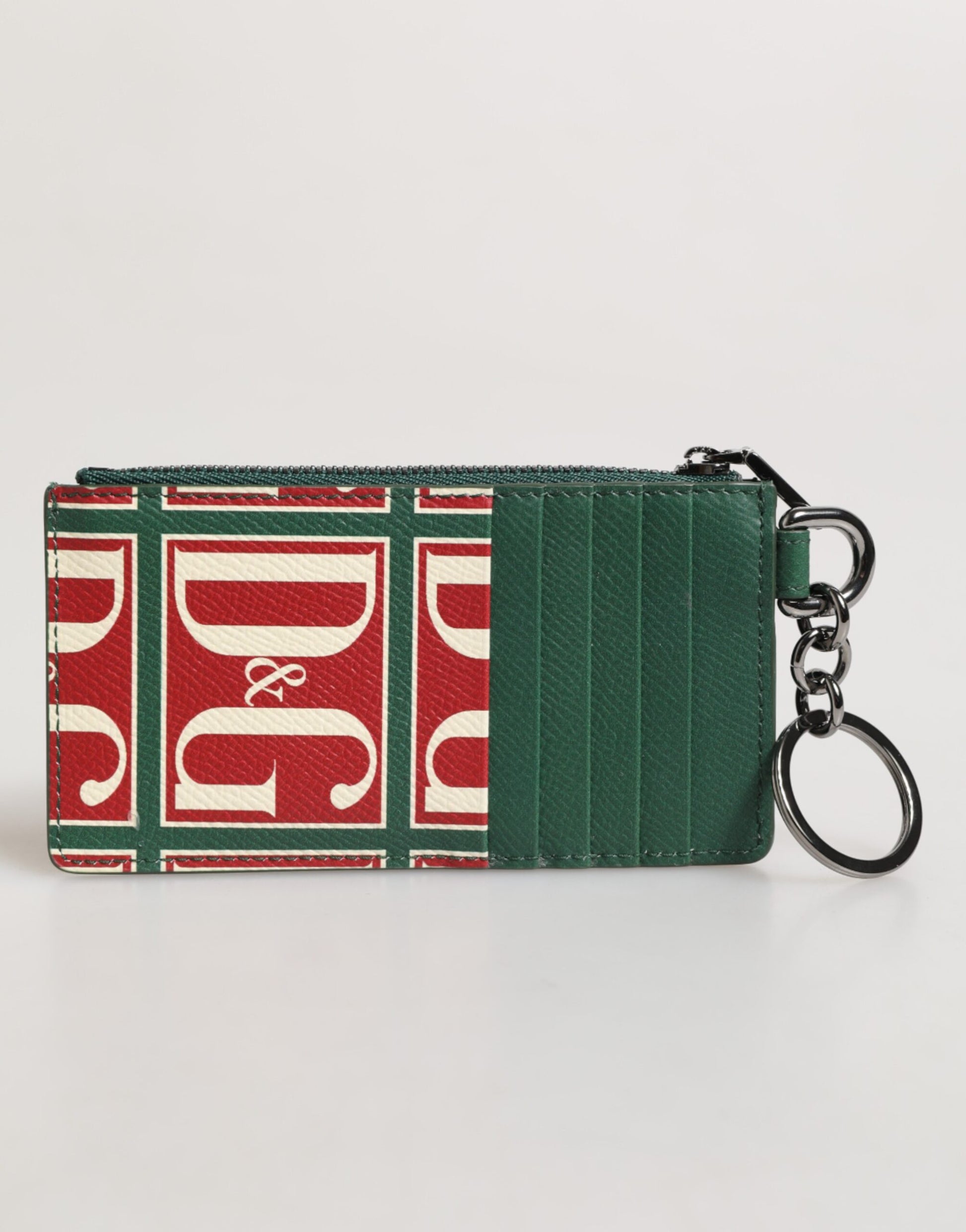 Green Calf Leather Logo Print Monogram Card Holder Wallet