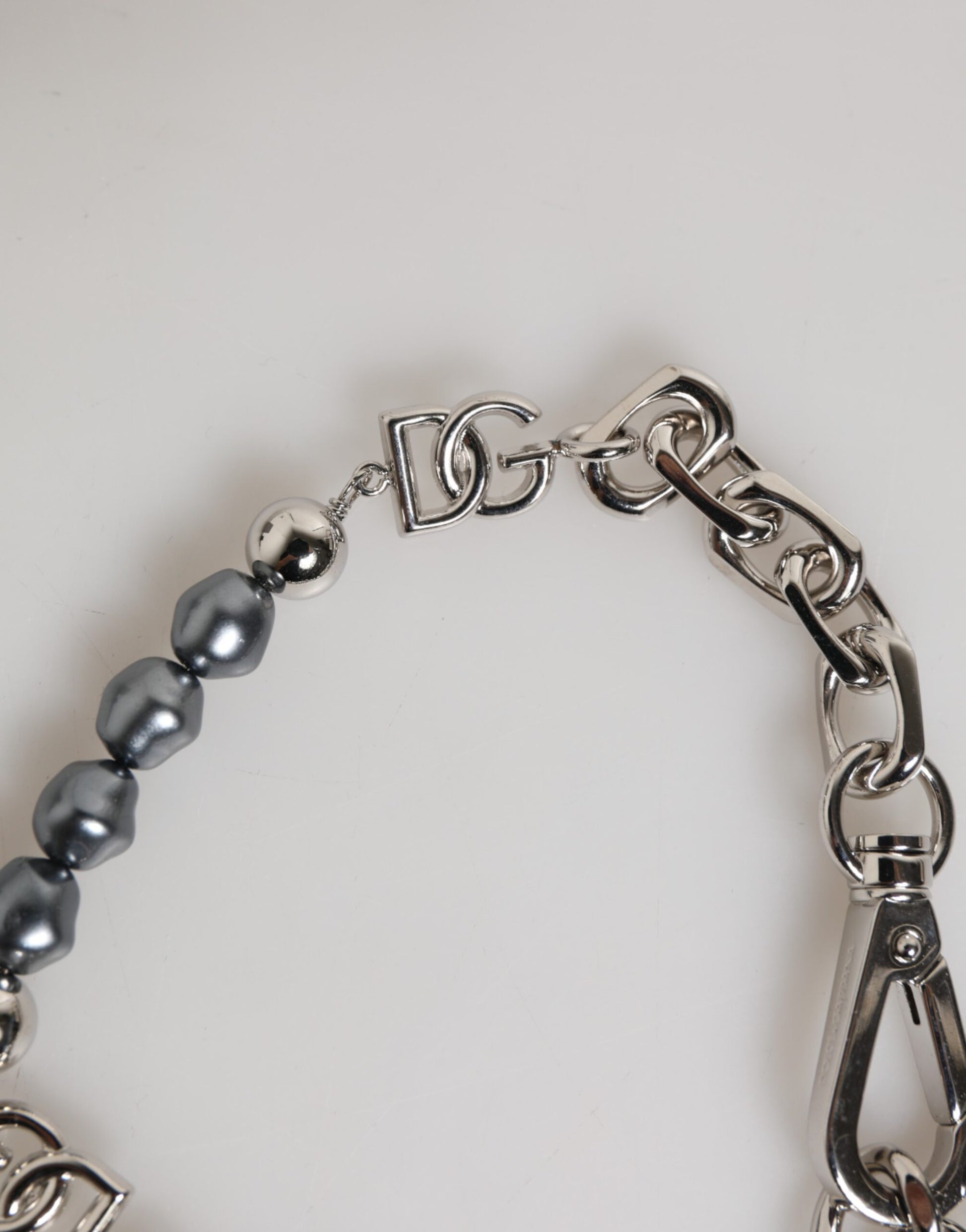 Silver Tone Chain Lobster Clasp Logo Gray Pearls Bracelet