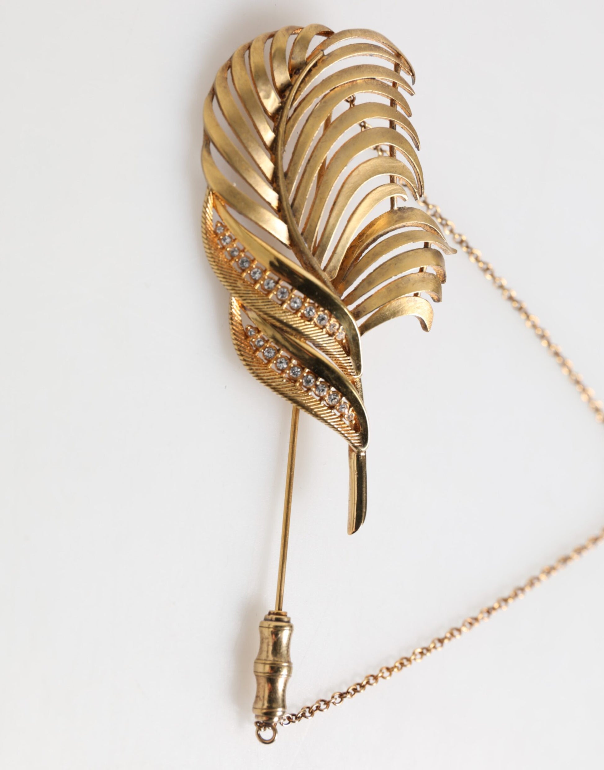 Gold Tone Leaf 925 Sterling Silver Crystal Chain Brooch