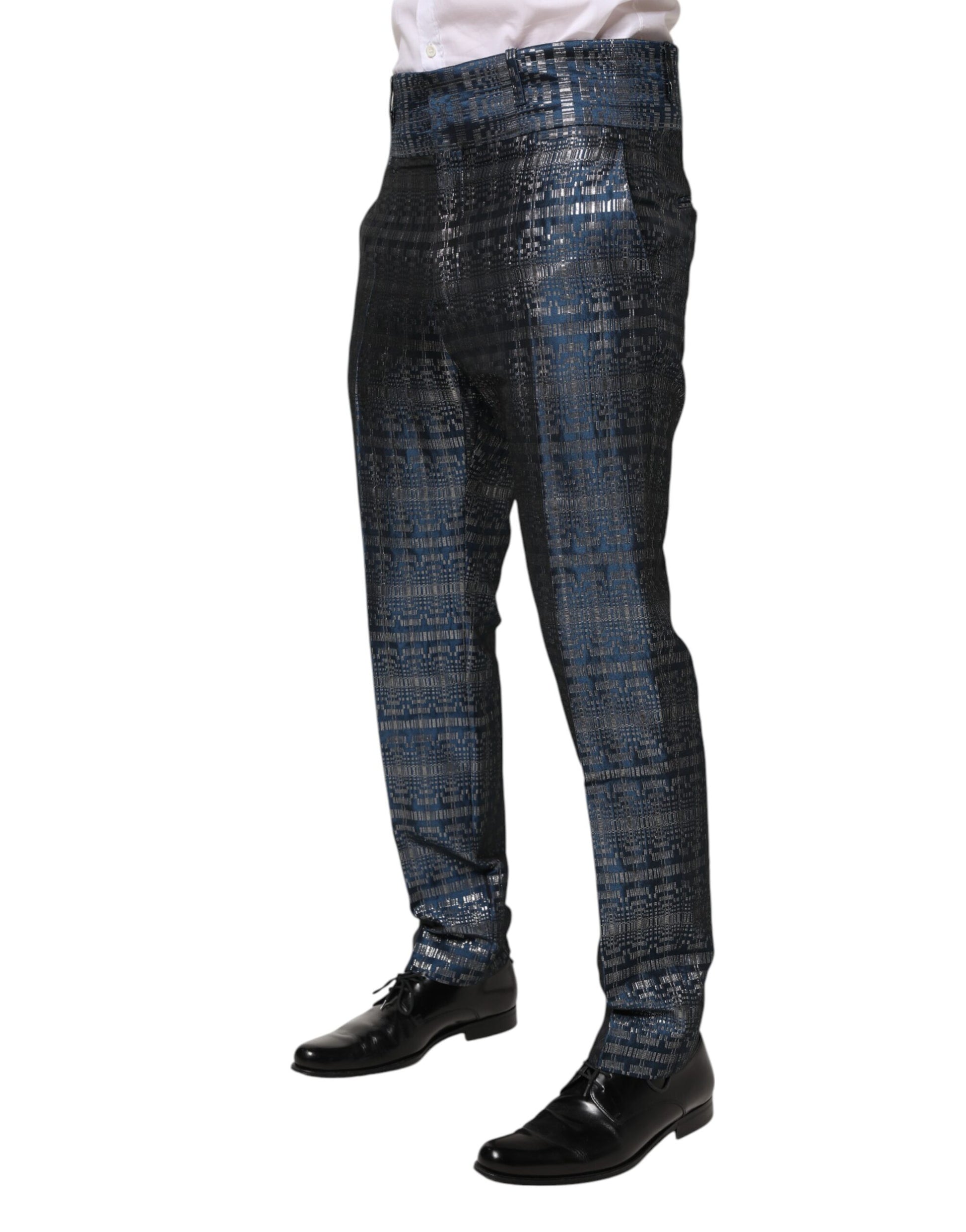 Blue Silver Shiny Silk Skinny Men Trouser Pants