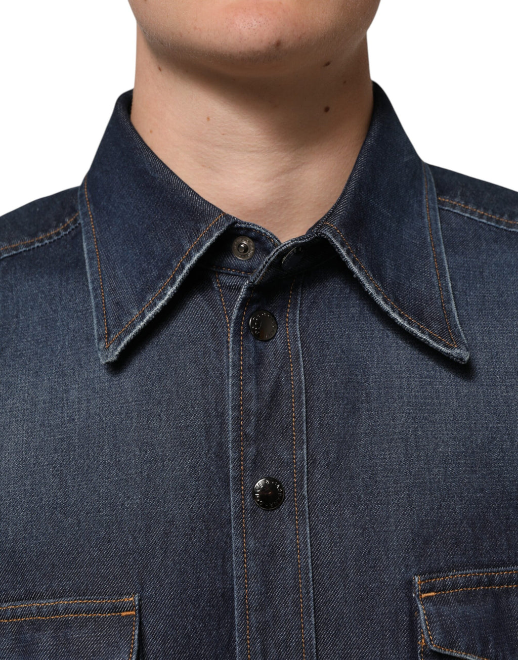 Blue Denim Button Casual Logo Patch Men Shirt