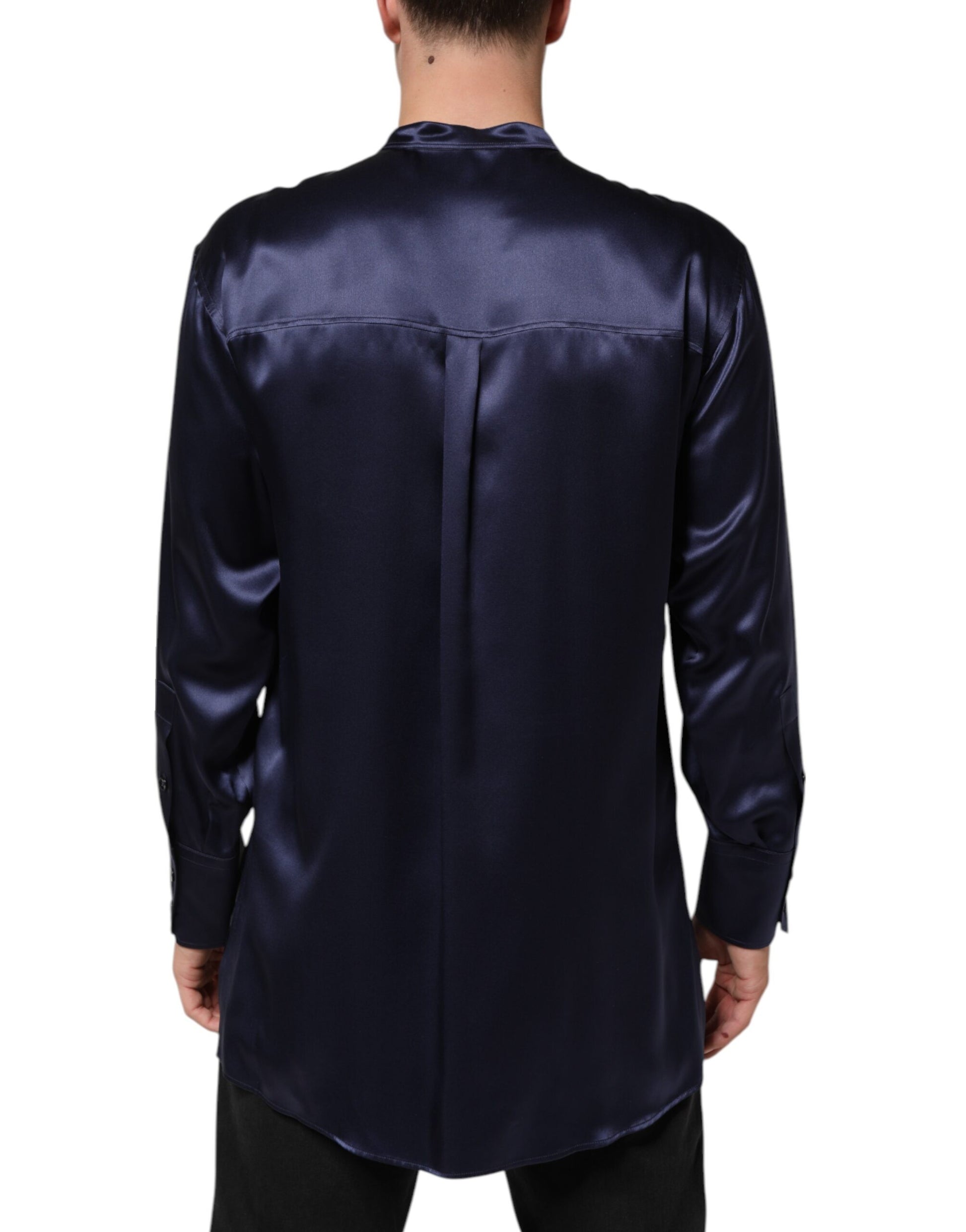 Navy Silk Long Sleeve Mandarin Collar Shirt