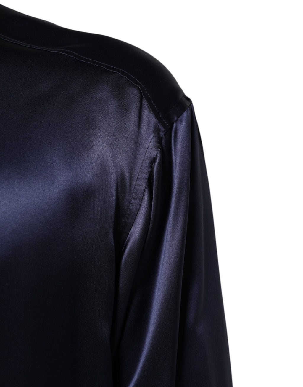 Navy Silk Long Sleeve Mandarin Collar Shirt
