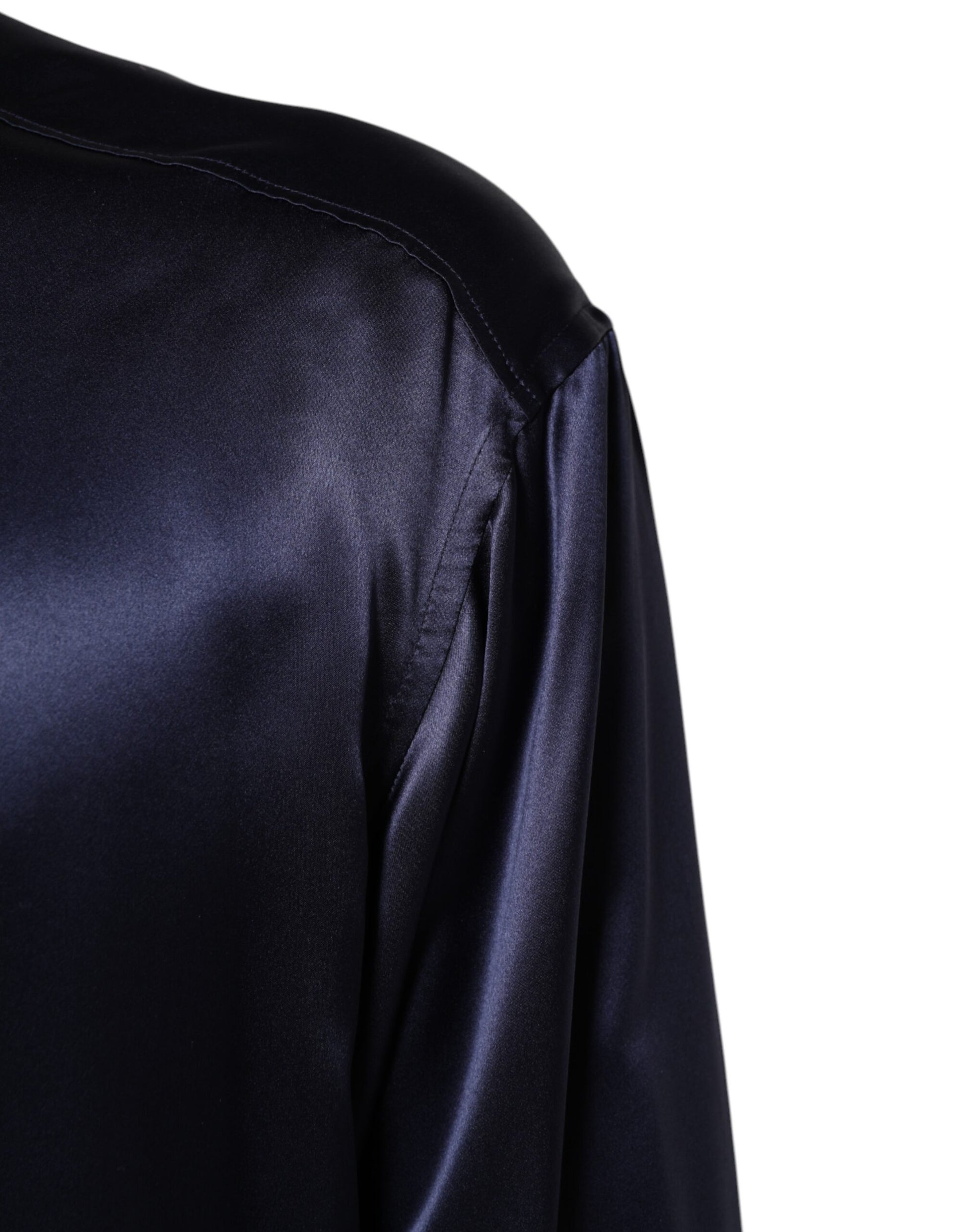Navy Silk Long Sleeve Mandarin Collar Shirt