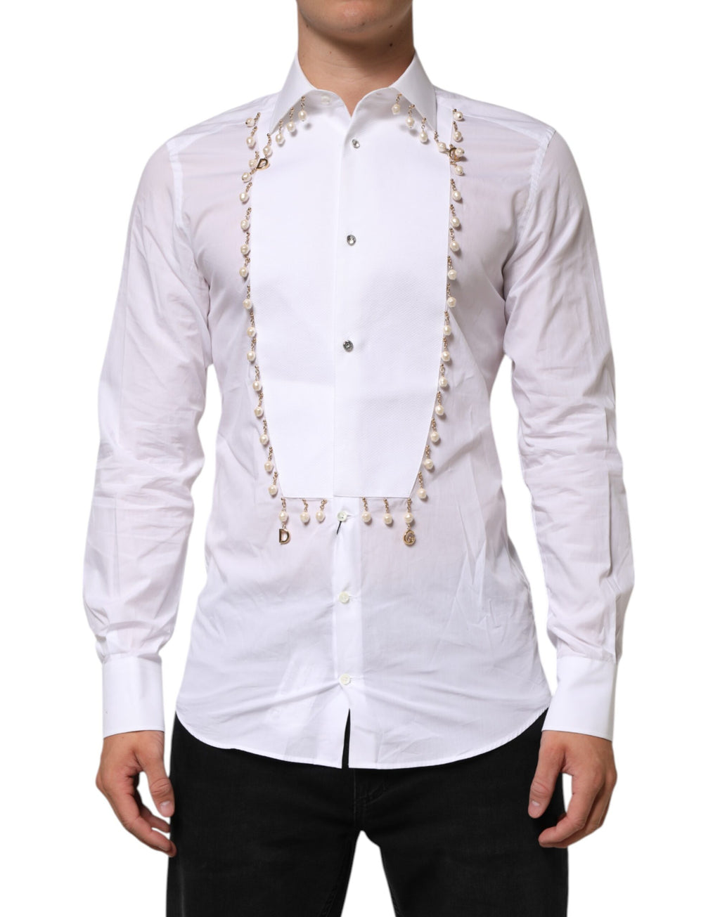 White Cotton DG Logo Pearl Chain Formal Shirt