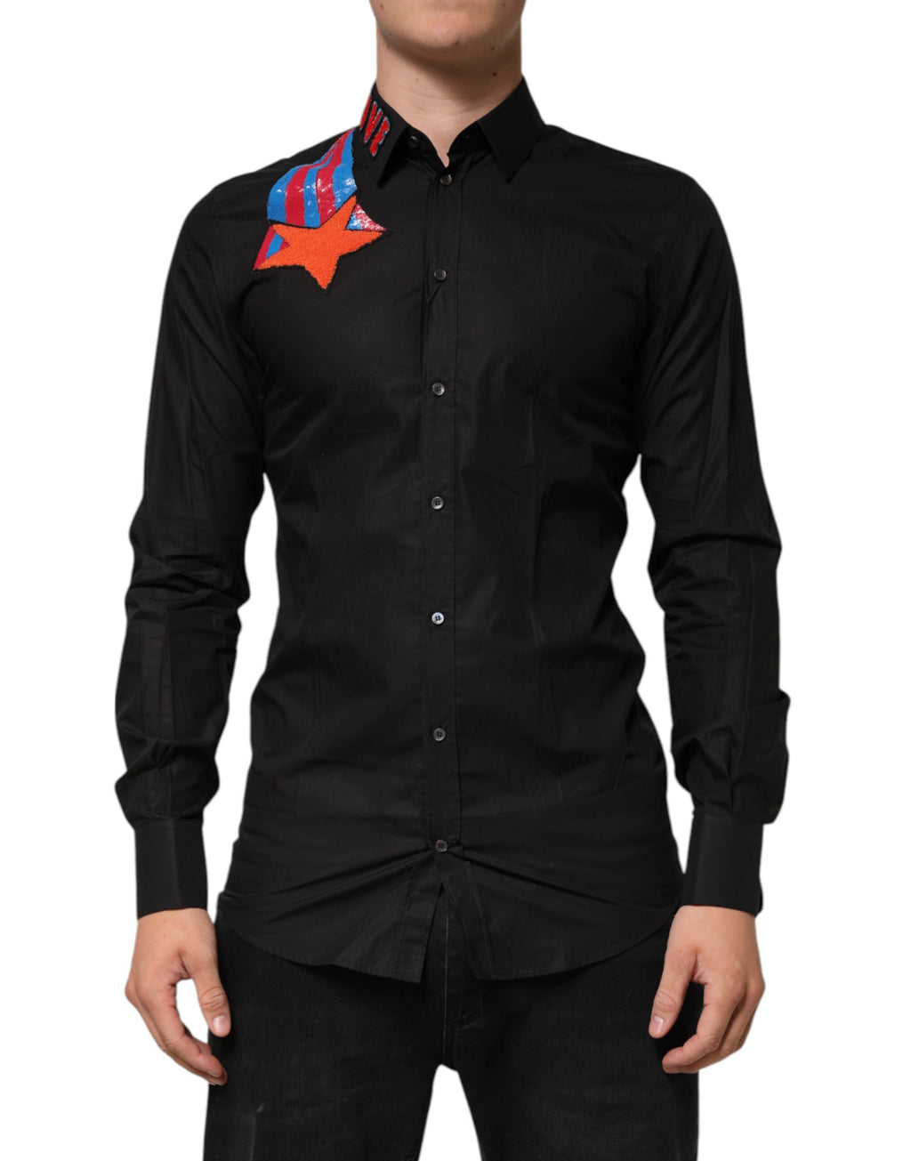 Black Cotton Star Sequin Dress Formal Men Shirt
