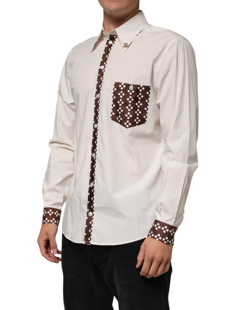 Cream White Cotton Polka Dot Slim Fit Shirt