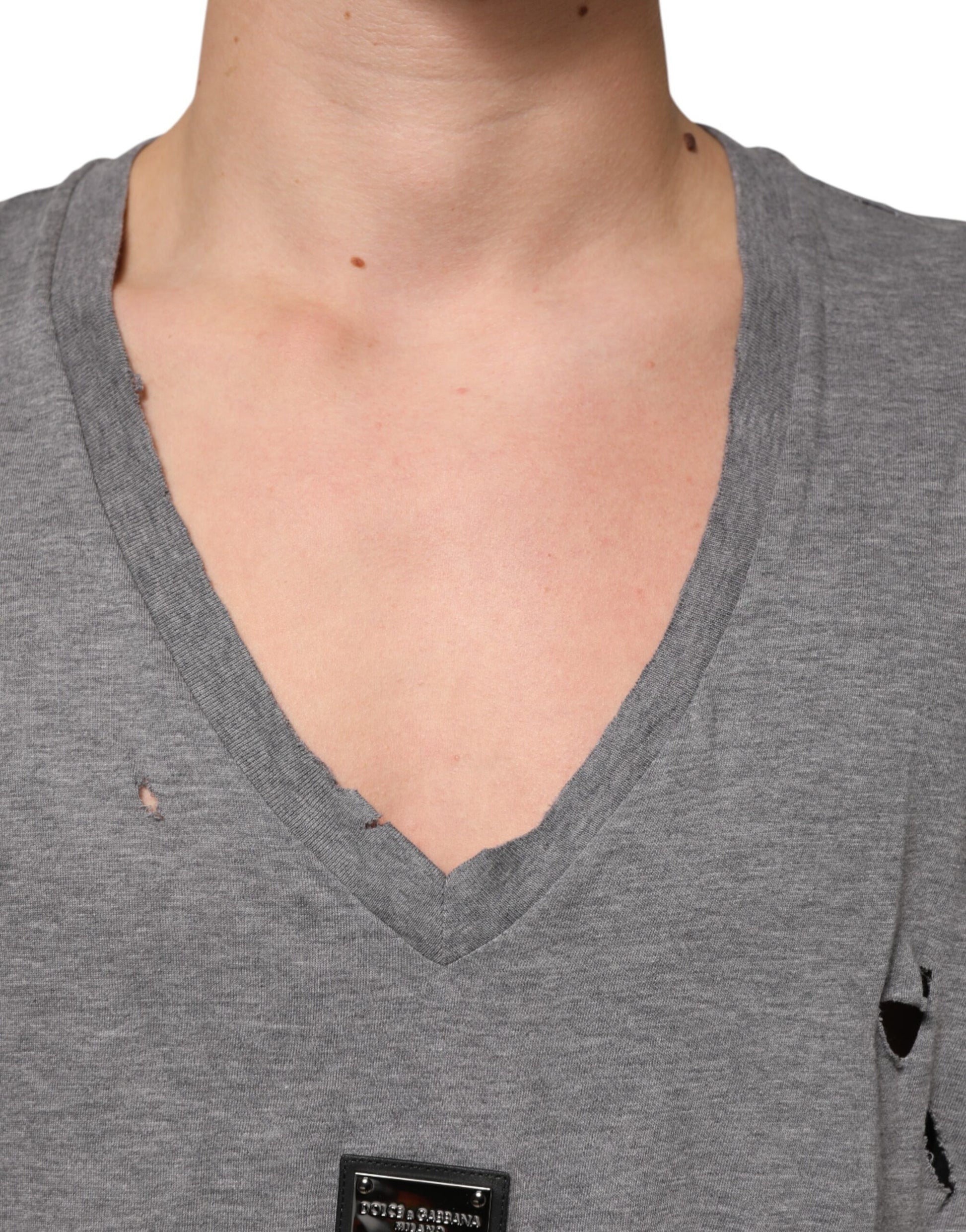 Gray Cotton Tattered Logo Patch Men T-shirt