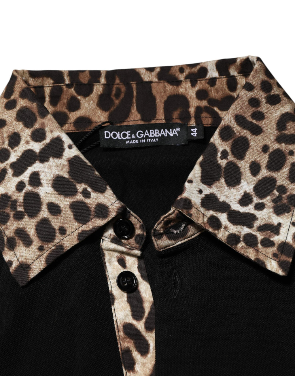 Black Cotton Leopard Collar Polo T-shirt