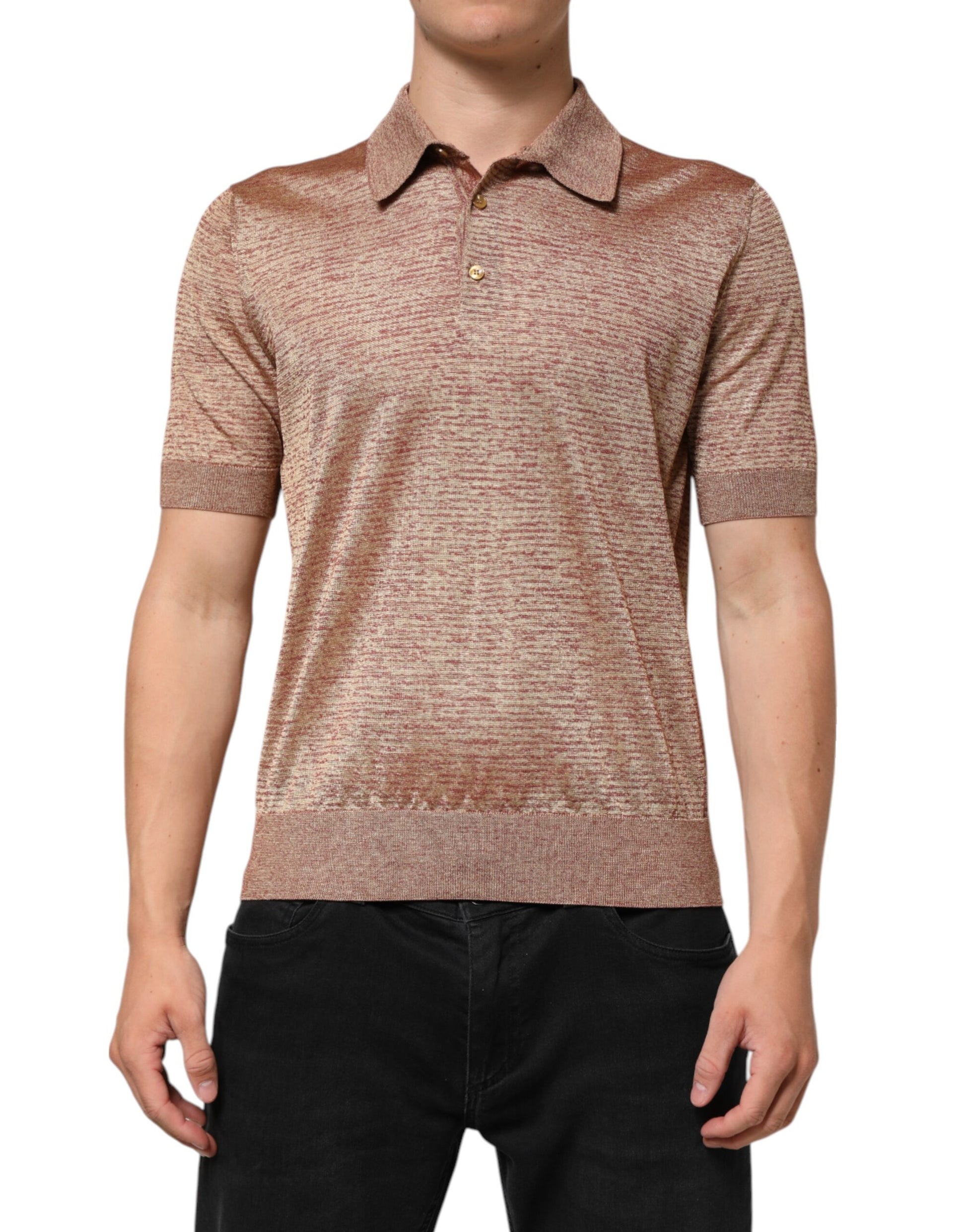Brown Silk Textured Short Sleeve Polo T-shirt