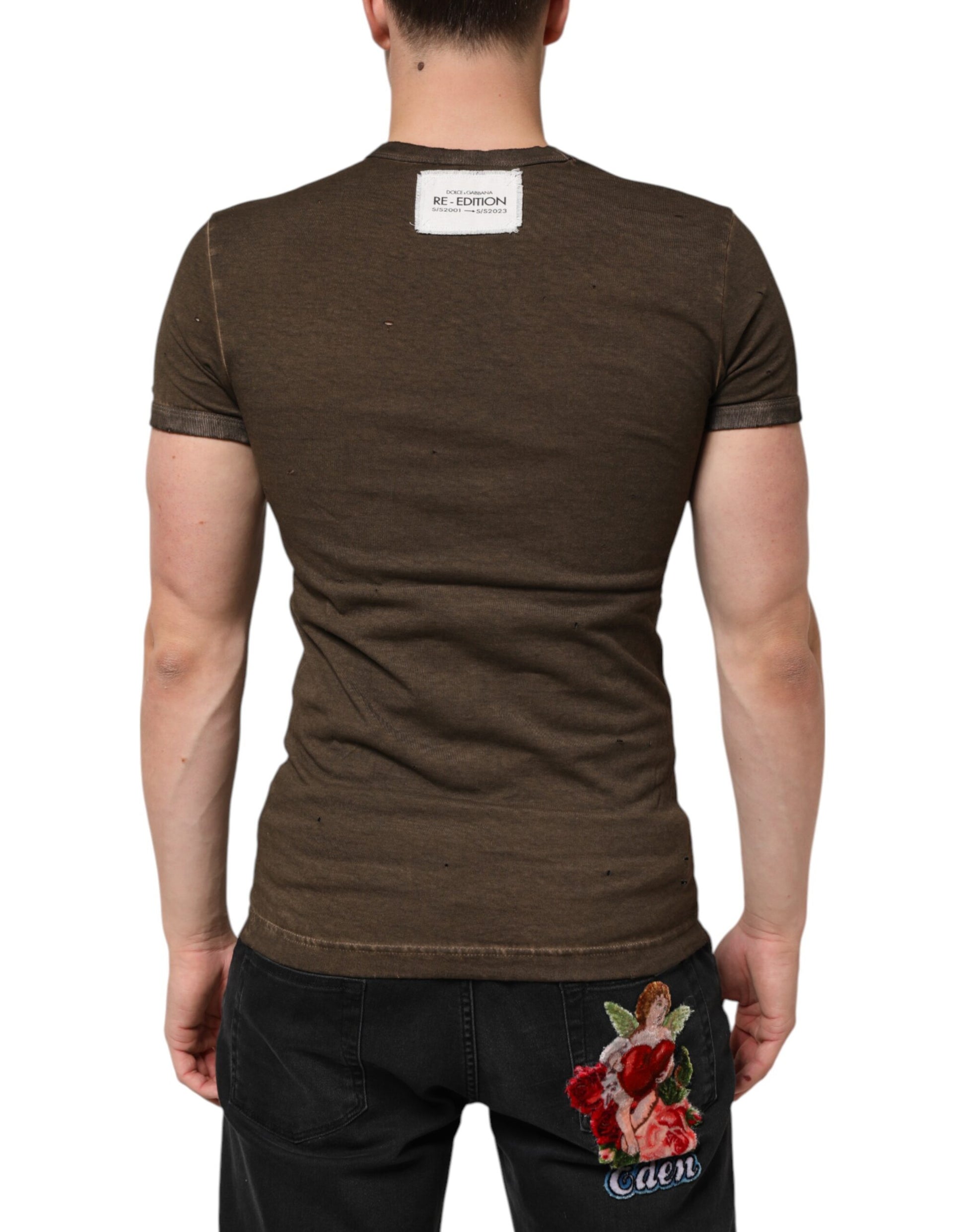 Dark Brown Cotton Tattered Logo Men T-shirt
