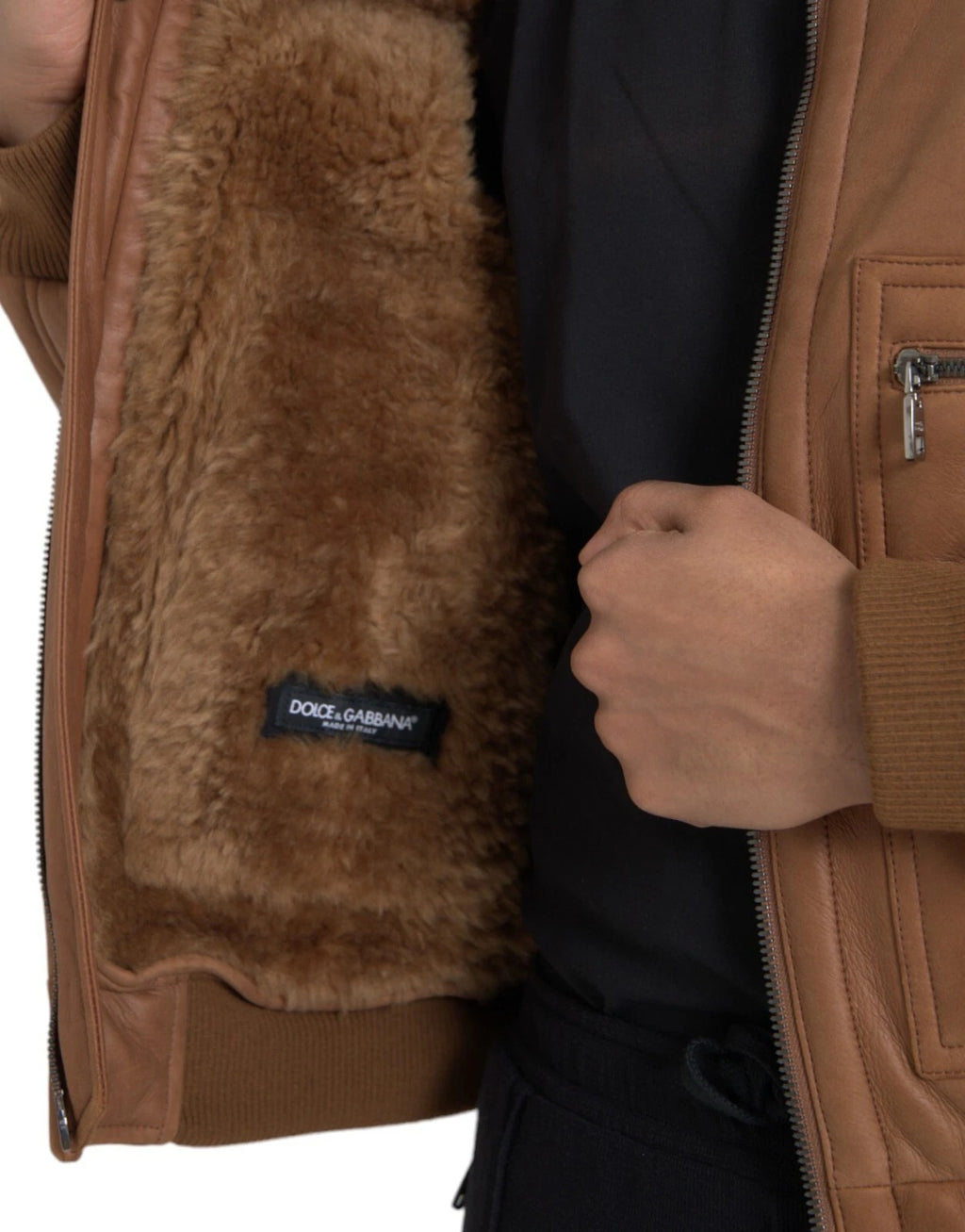 Brown Leather Fur Button Biker Coat Jacket