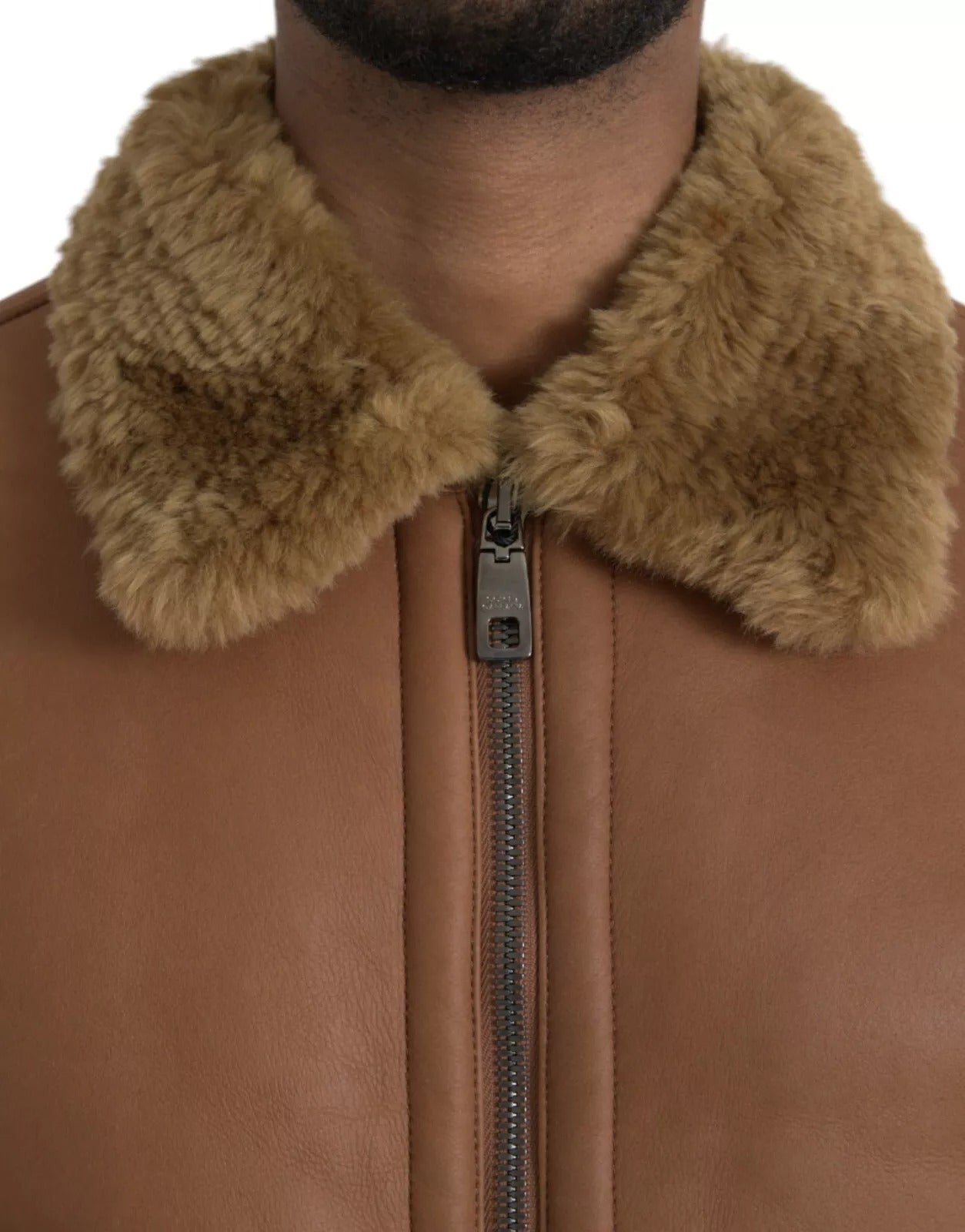 Brown Leather Fur Button Biker Coat Jacket
