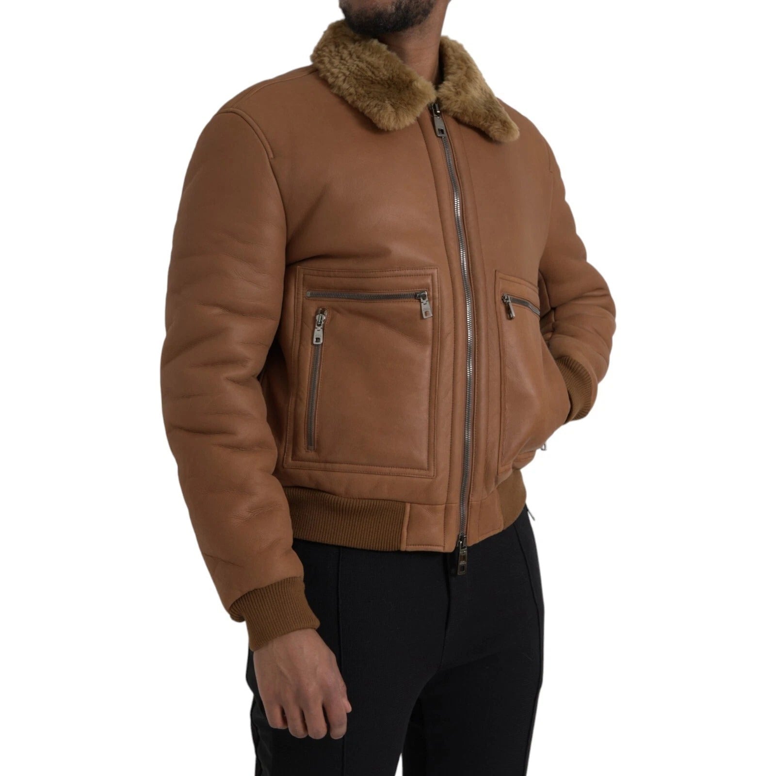 Brown Leather Fur Button Biker Coat Jacket
