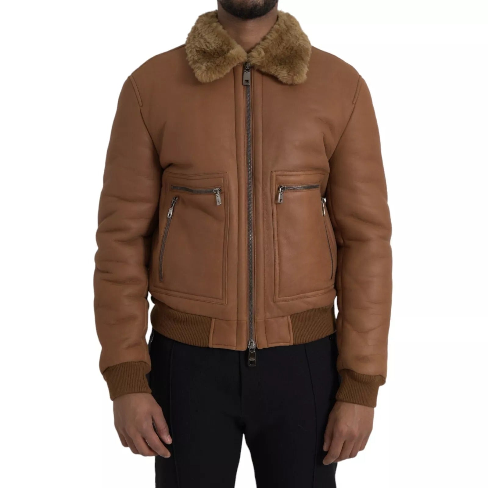 Brown Leather Fur Button Biker Coat Jacket