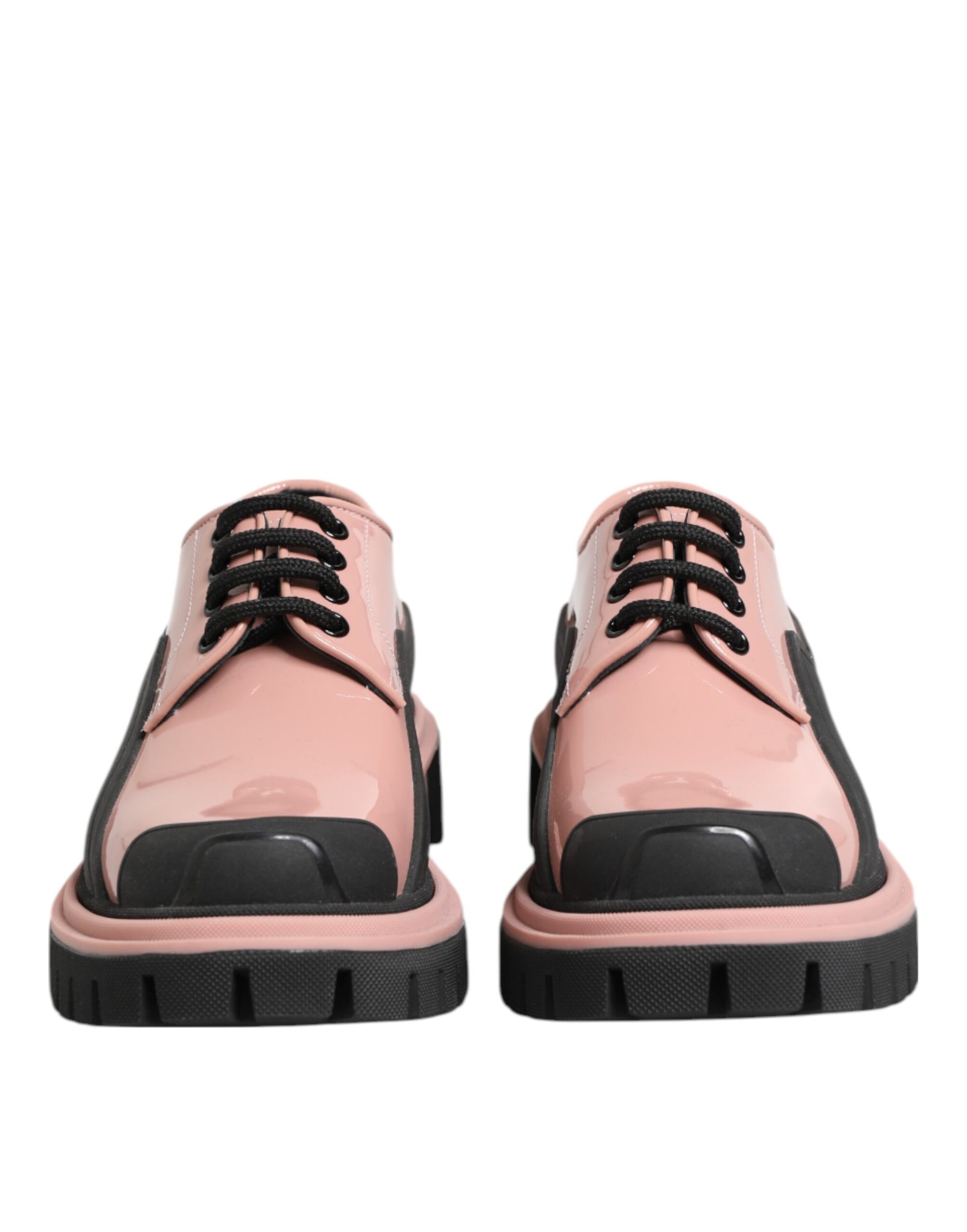 Light Powder Pink Black Leather Lace-Up Shoes