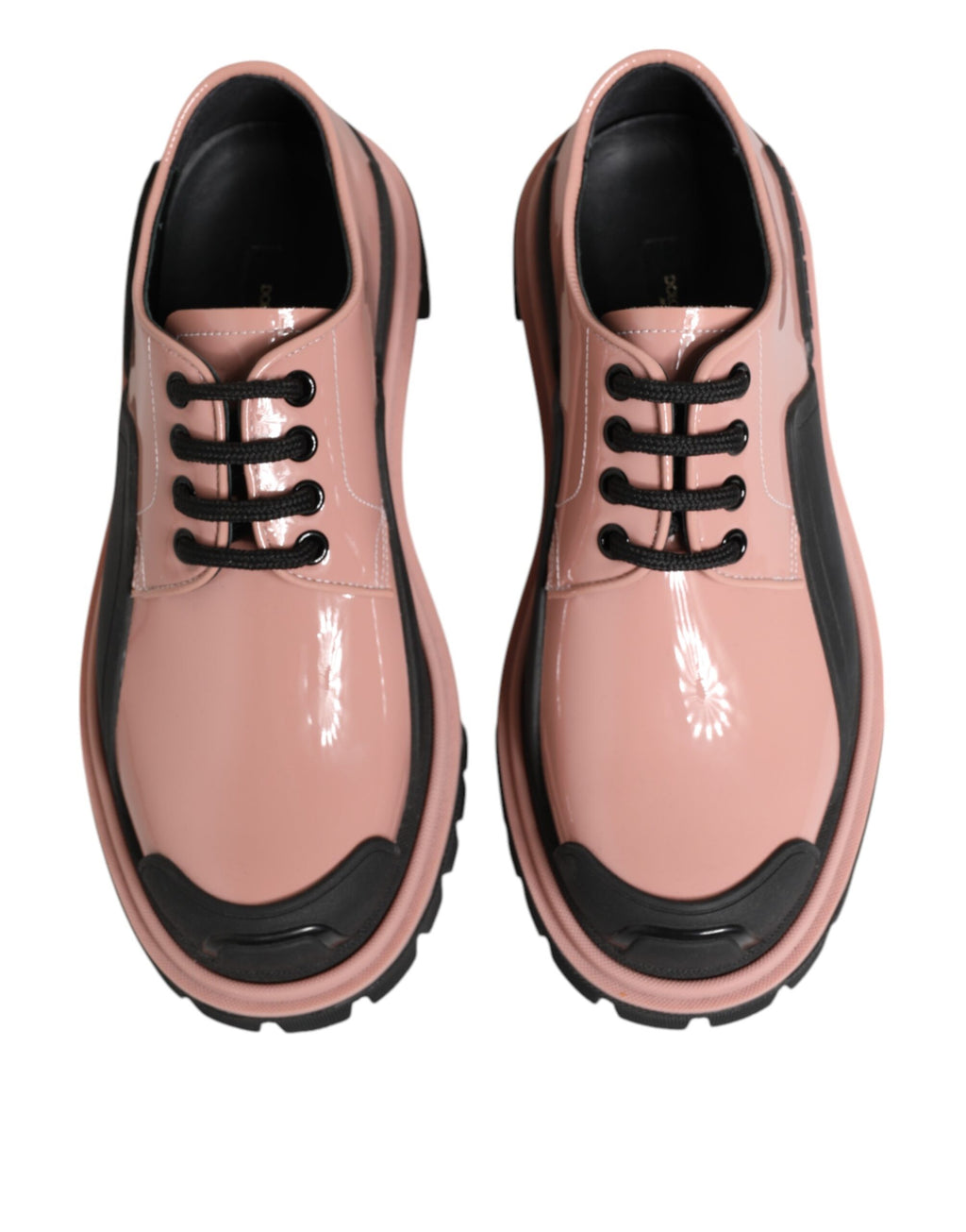 Light Powder Pink Black Leather Lace-Up Shoes
