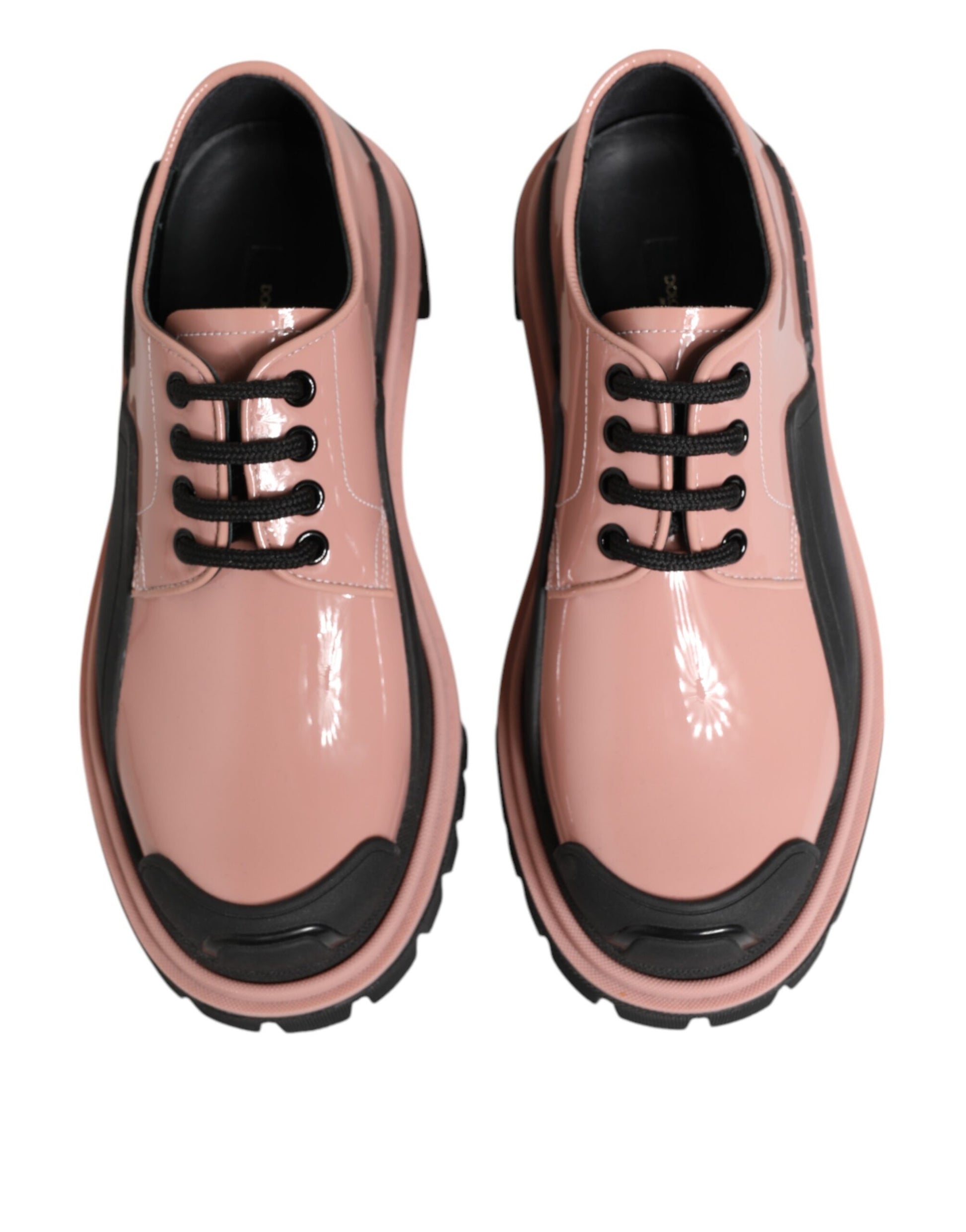 Light Powder Pink Black Leather Lace-Up Shoes