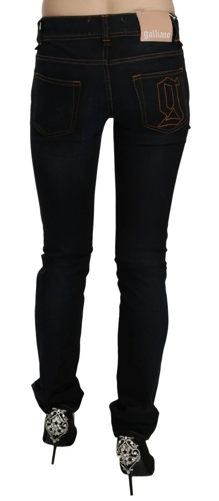 Dark Blue Mid Waist Slim Fit Denim Casual Pants Jeans