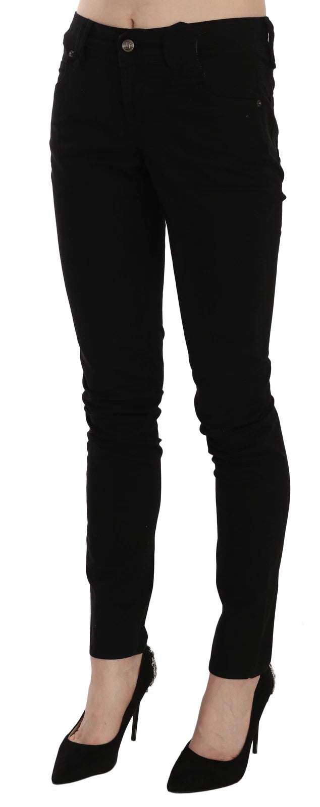 Black Mid Waist Slim Fit Skinny Denim Casual Pants Jeans
