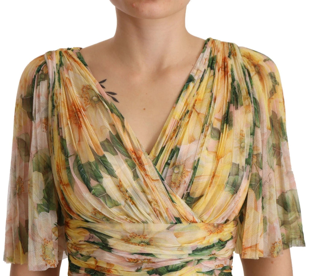 Yellow Floral Print Pleated Maxi Dress