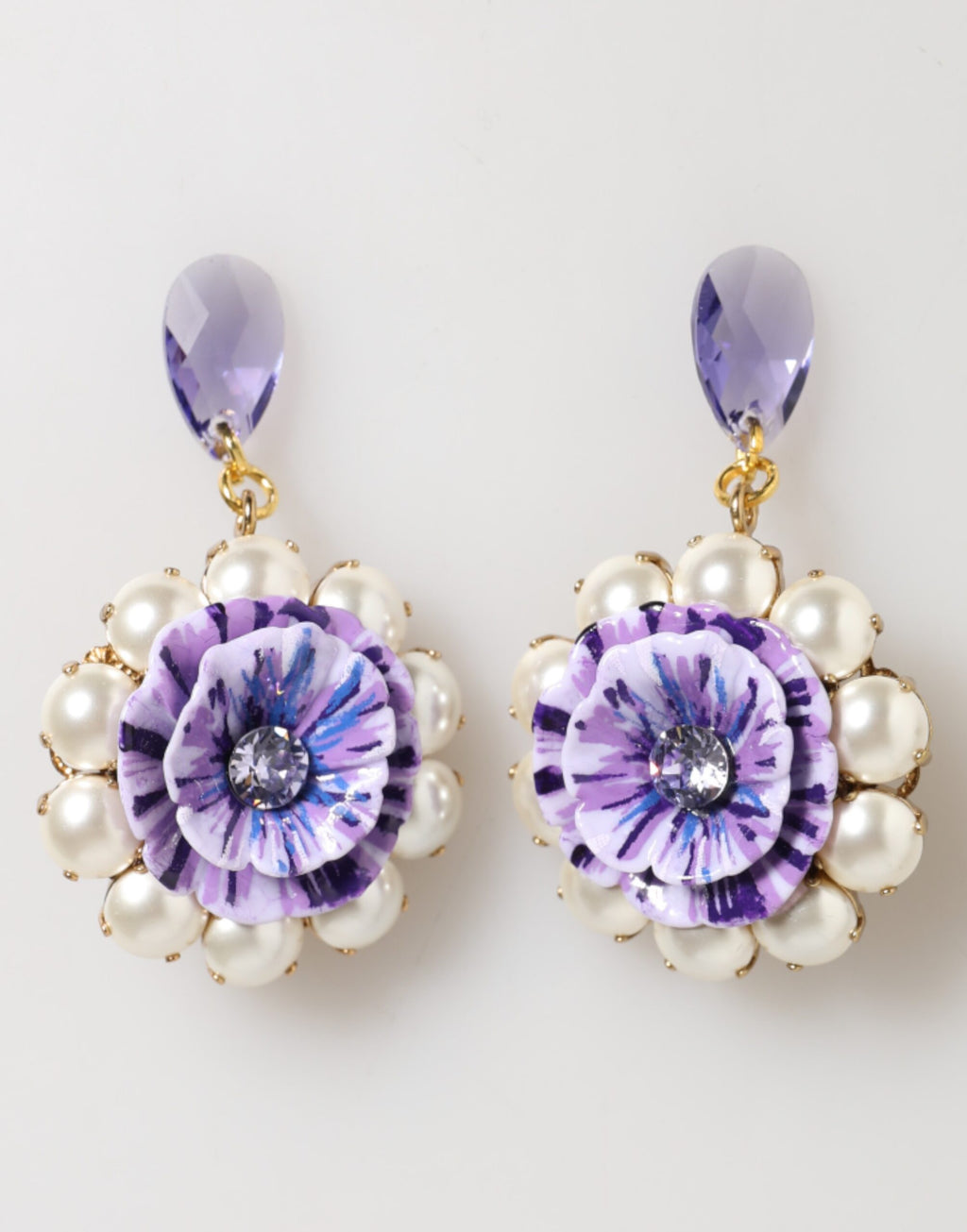 Purple Floral Crystal Pearl Drop Clip-On Statement Earrings