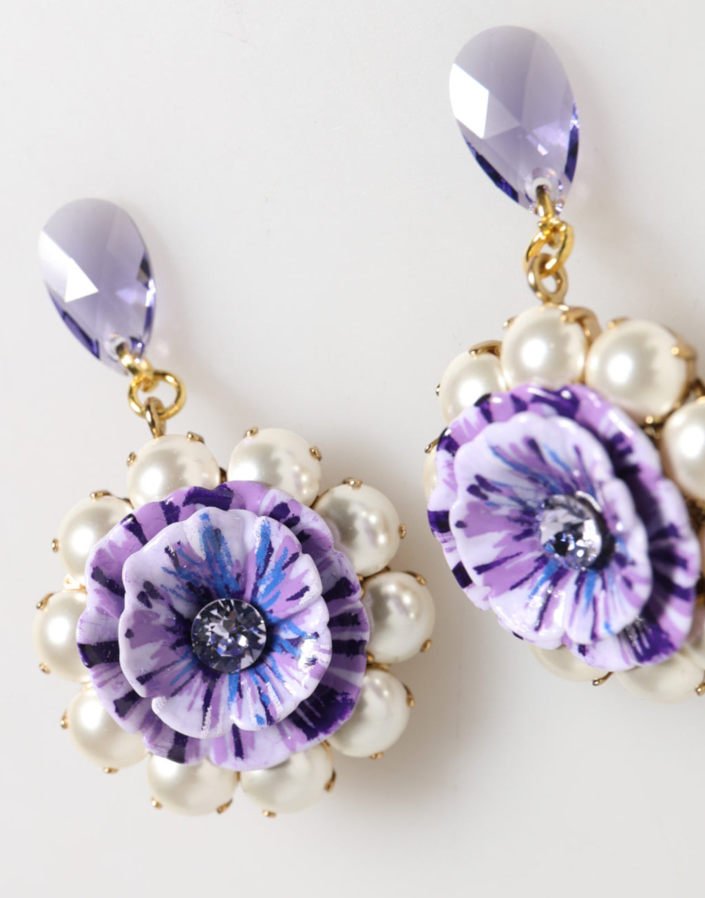 Purple Floral Crystal Pearl Drop Clip-On Statement Earrings